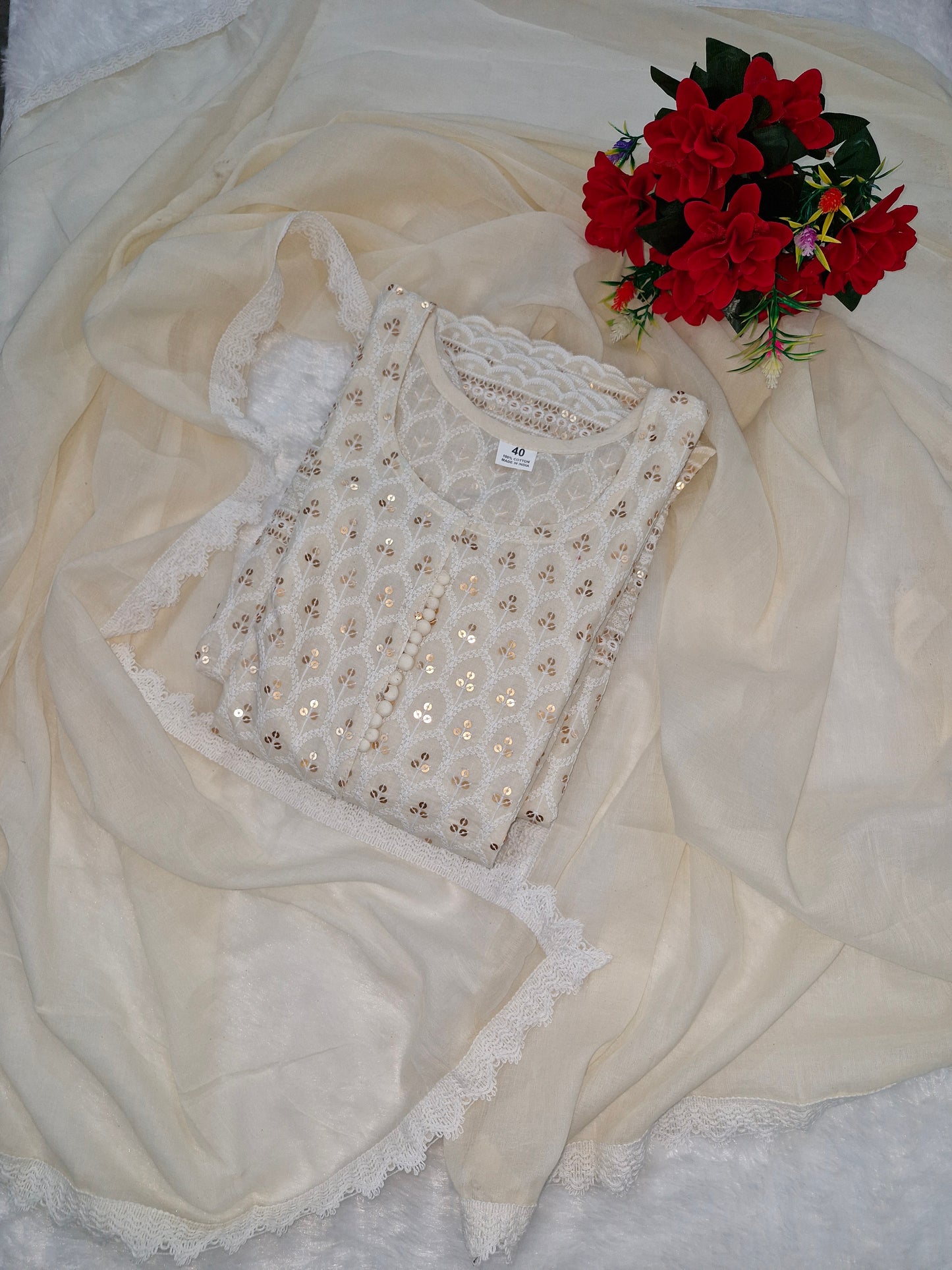 Elegant Off-White Embroidered Three-Piece Suit Set