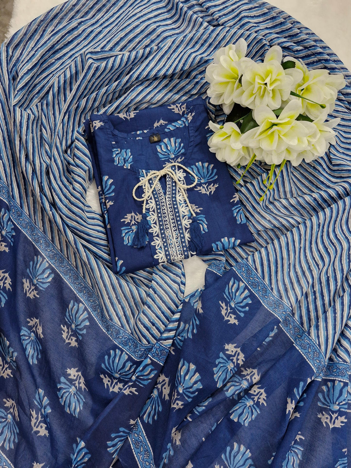 Royal Blue Floral Printed Suit with Striped Dupatta