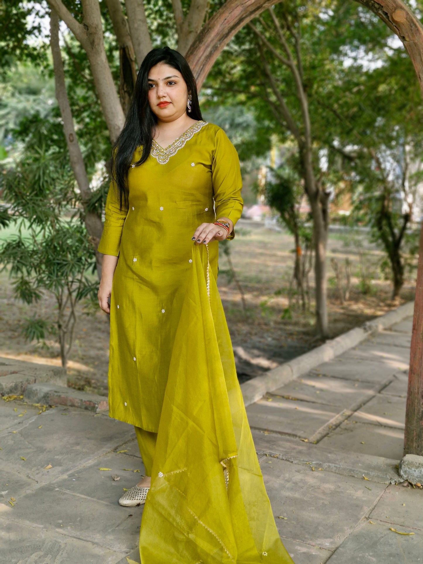 Elegant Olive Green Embroidered Suit Set