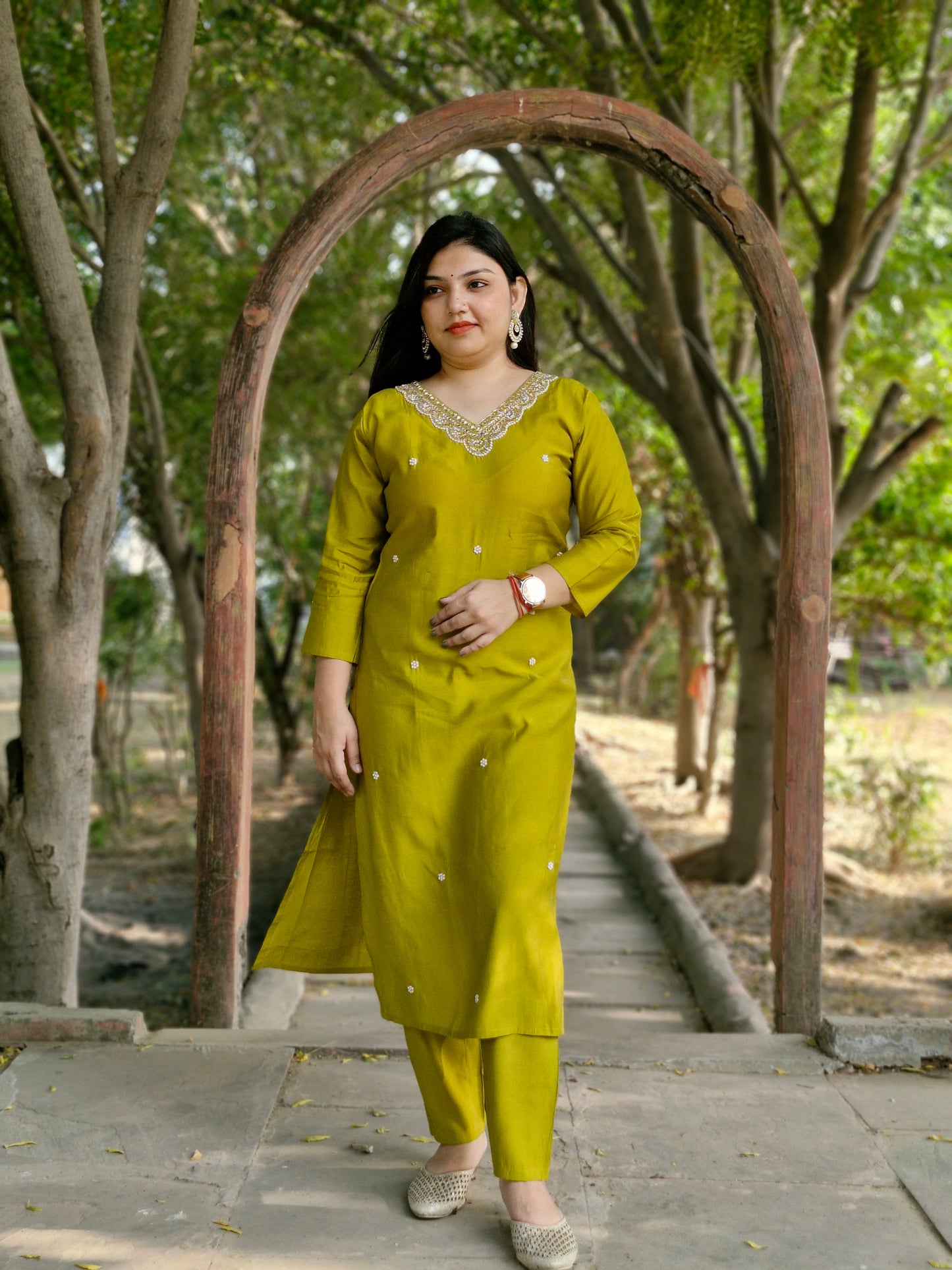 Elegant Olive Green Embroidered Suit Set