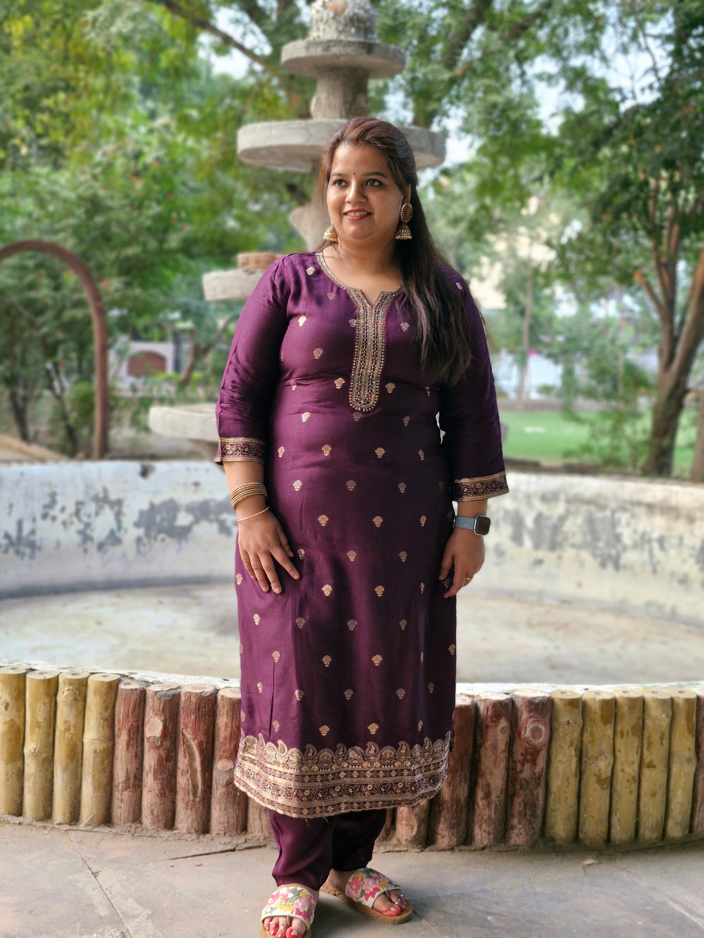 Regal Purple Embroidered Three-Piece Suit with Banarasi Floral Dupatta