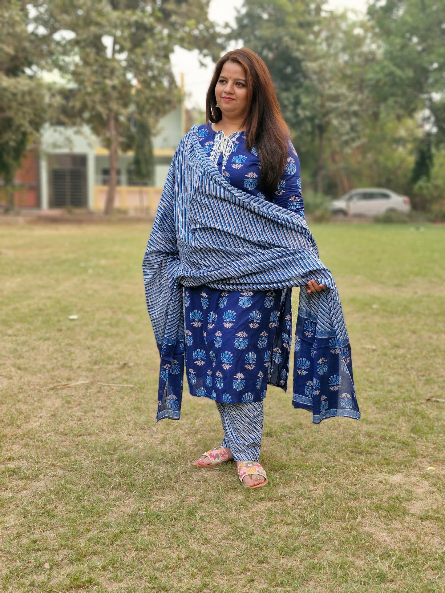 Royal Blue Floral Printed Suit with Striped Dupatta