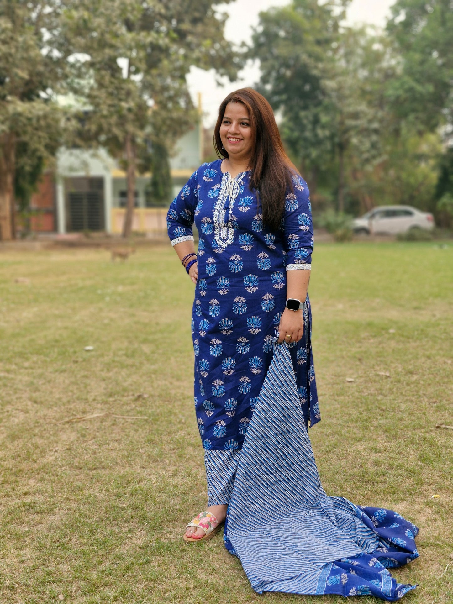 Royal Blue Floral Printed Suit with Striped Dupatta