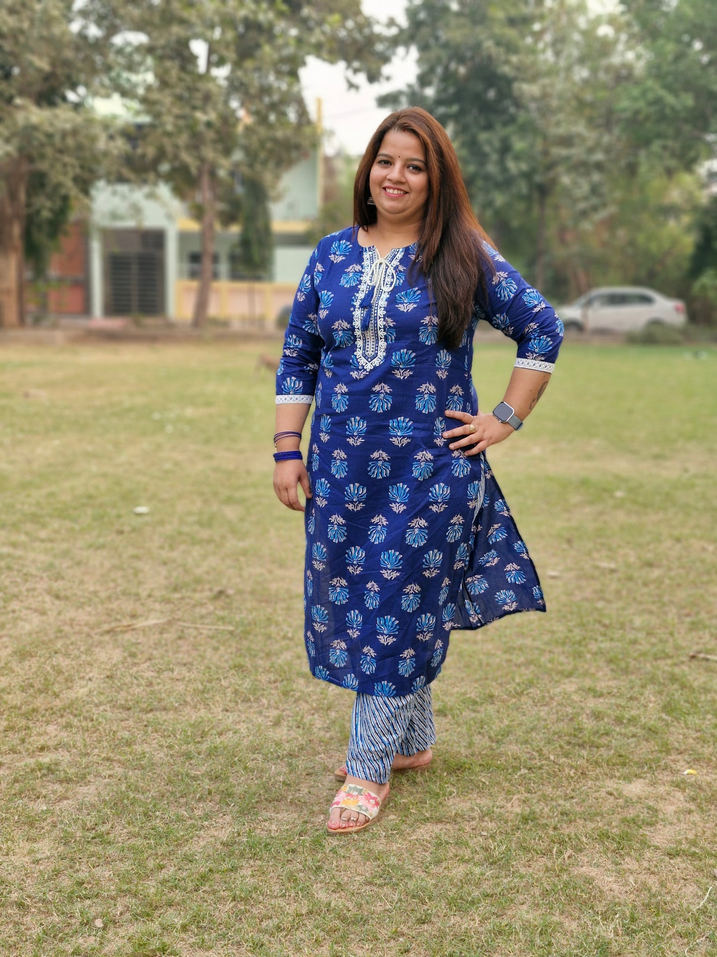 Royal Blue Floral Printed Suit with Striped Dupatta