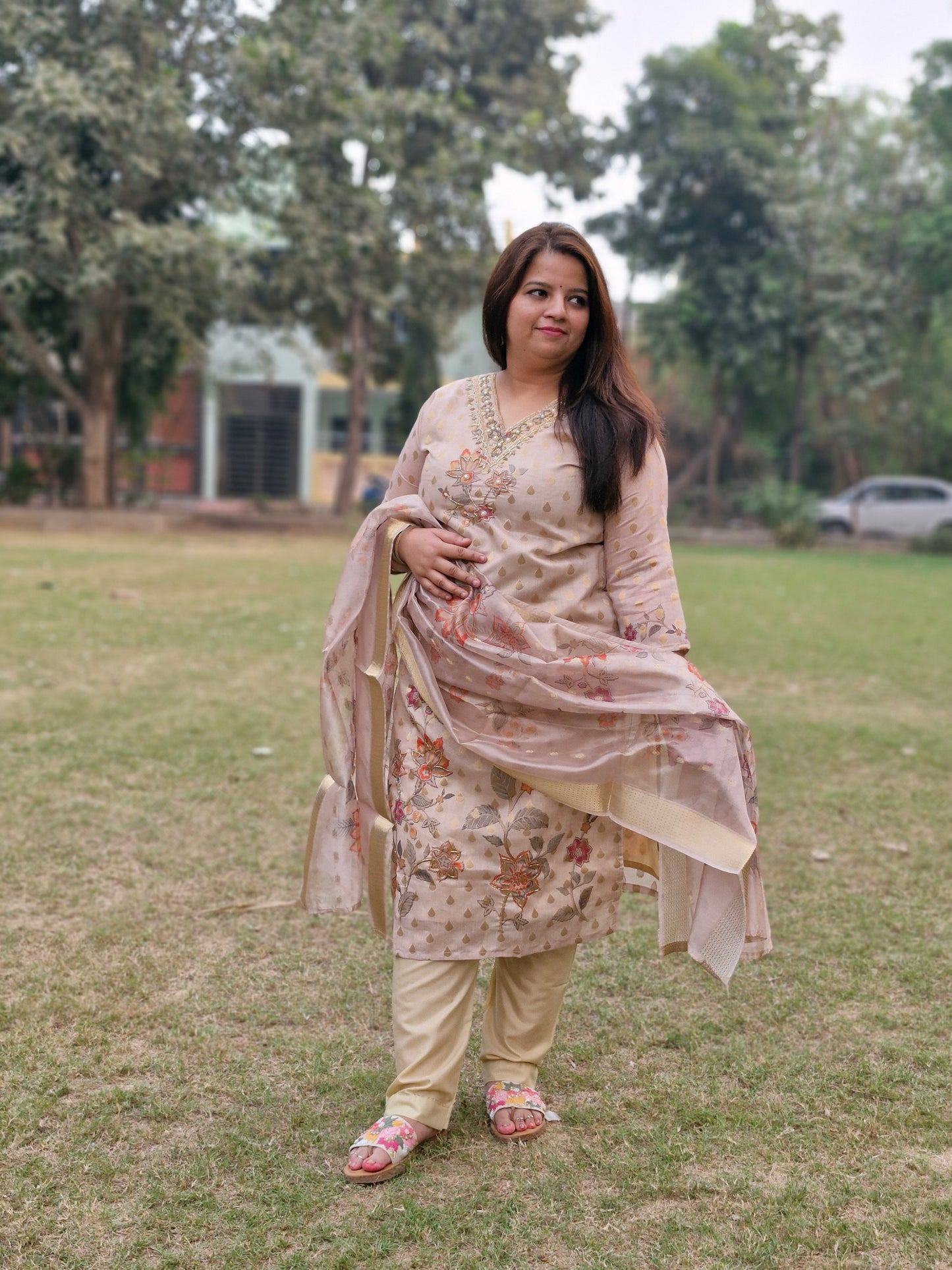 Elegant Beige and Gold Embroidered Suit with Floral Dupatta