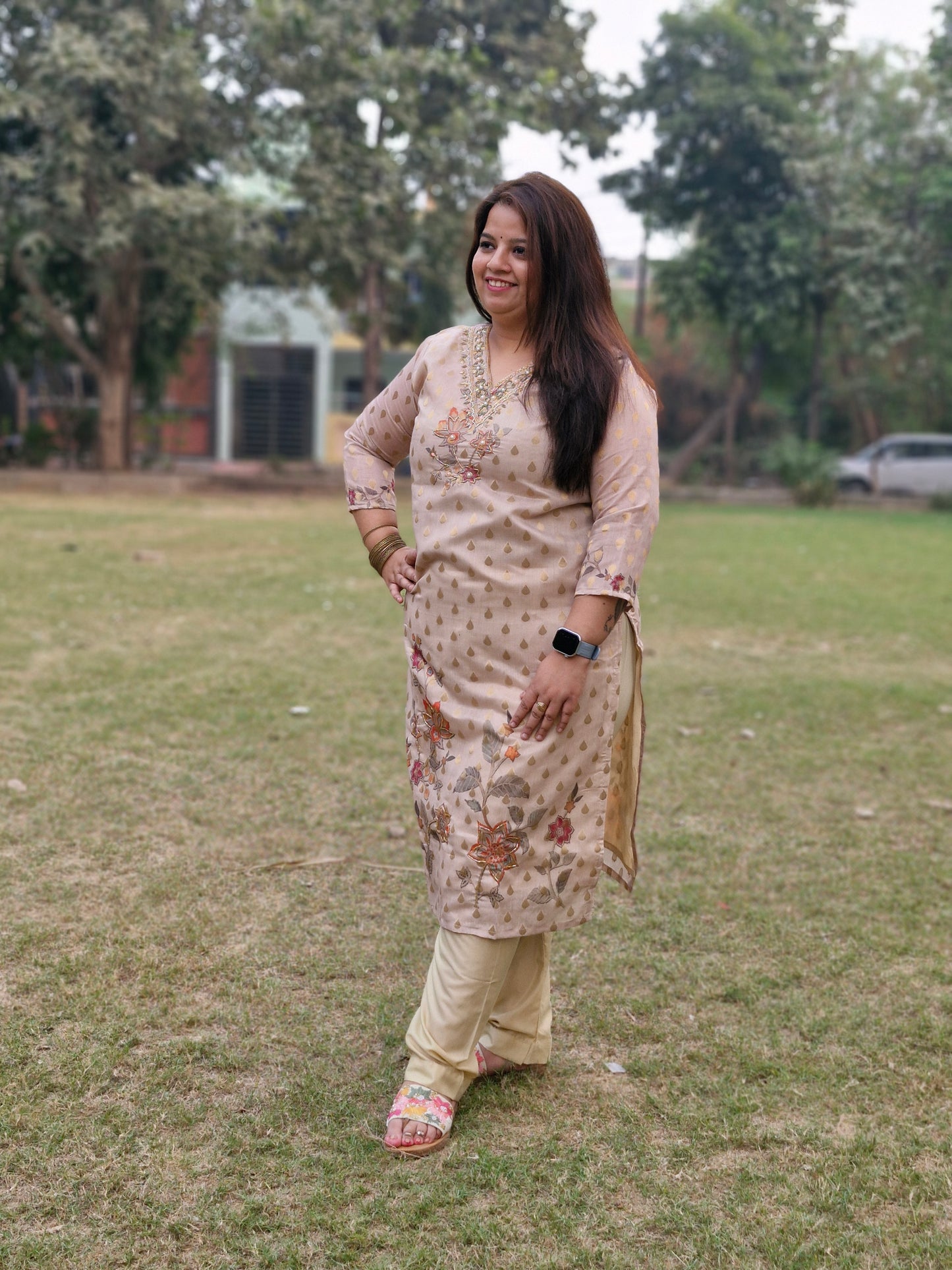 Elegant Beige and Gold Embroidered Suit with Floral Dupatta