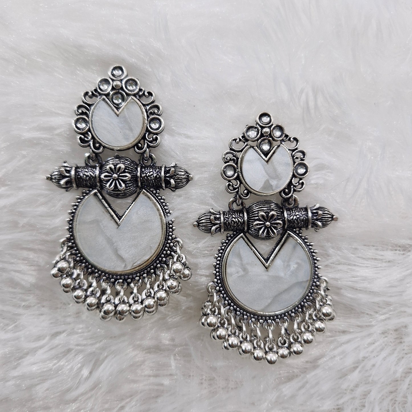 Silver and White Ethnic Earrings