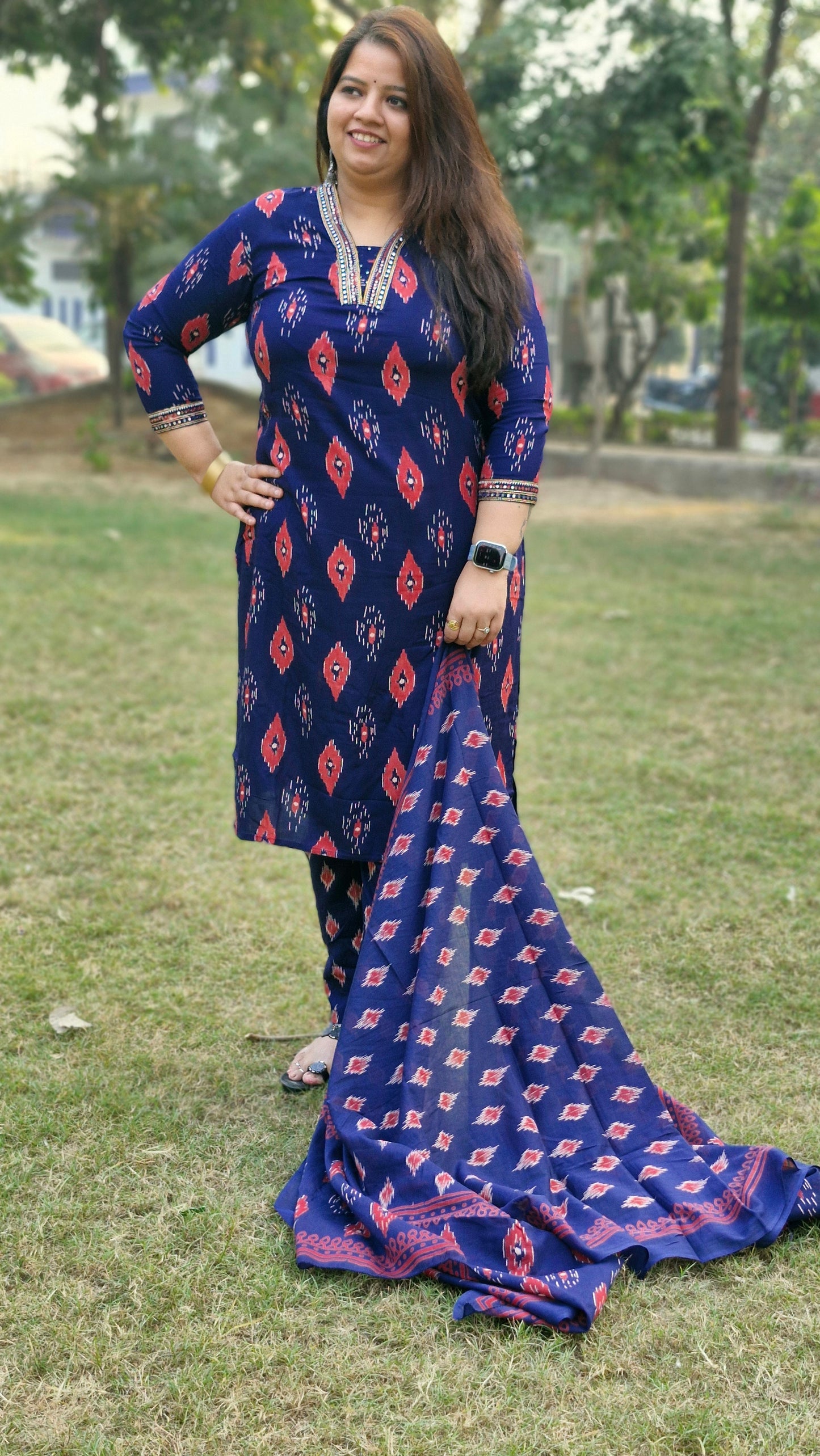 Navy Blue Cotton Three-Piece Suit with Embroidered Neckline