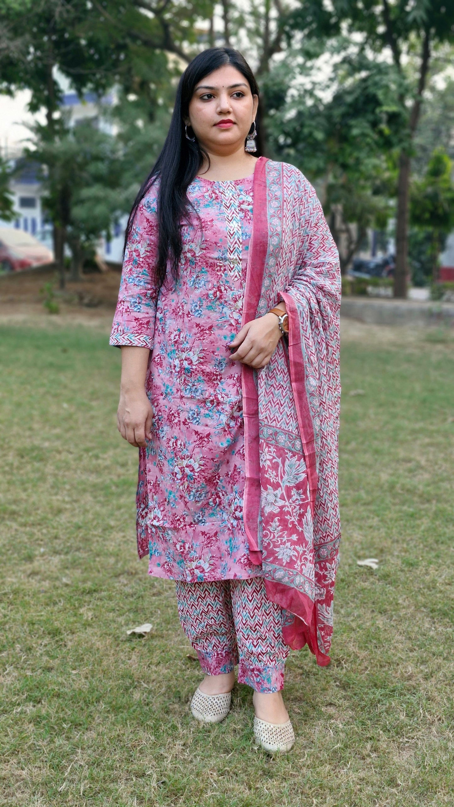 Floral Light Pink Floral Cotton Three-Piece Suit