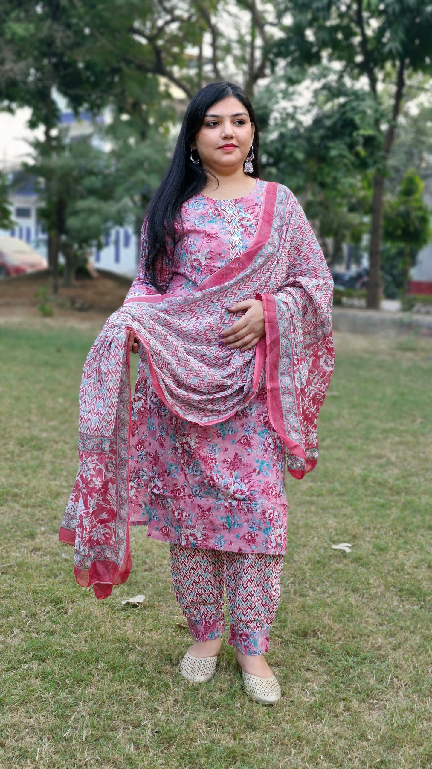 Floral Light Pink Floral Cotton Three-Piece Suit