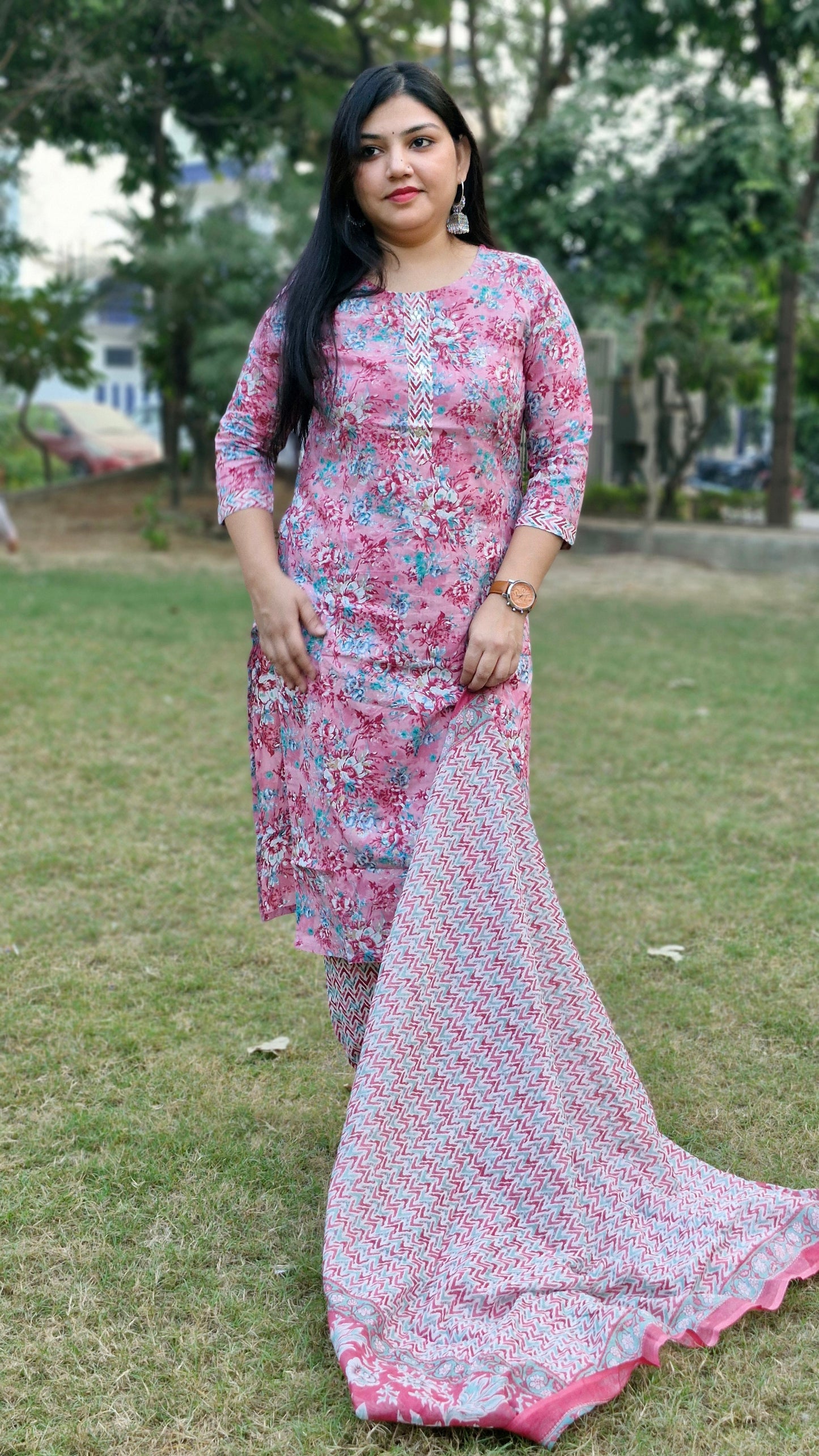 Floral Light Pink Floral Cotton Three-Piece Suit