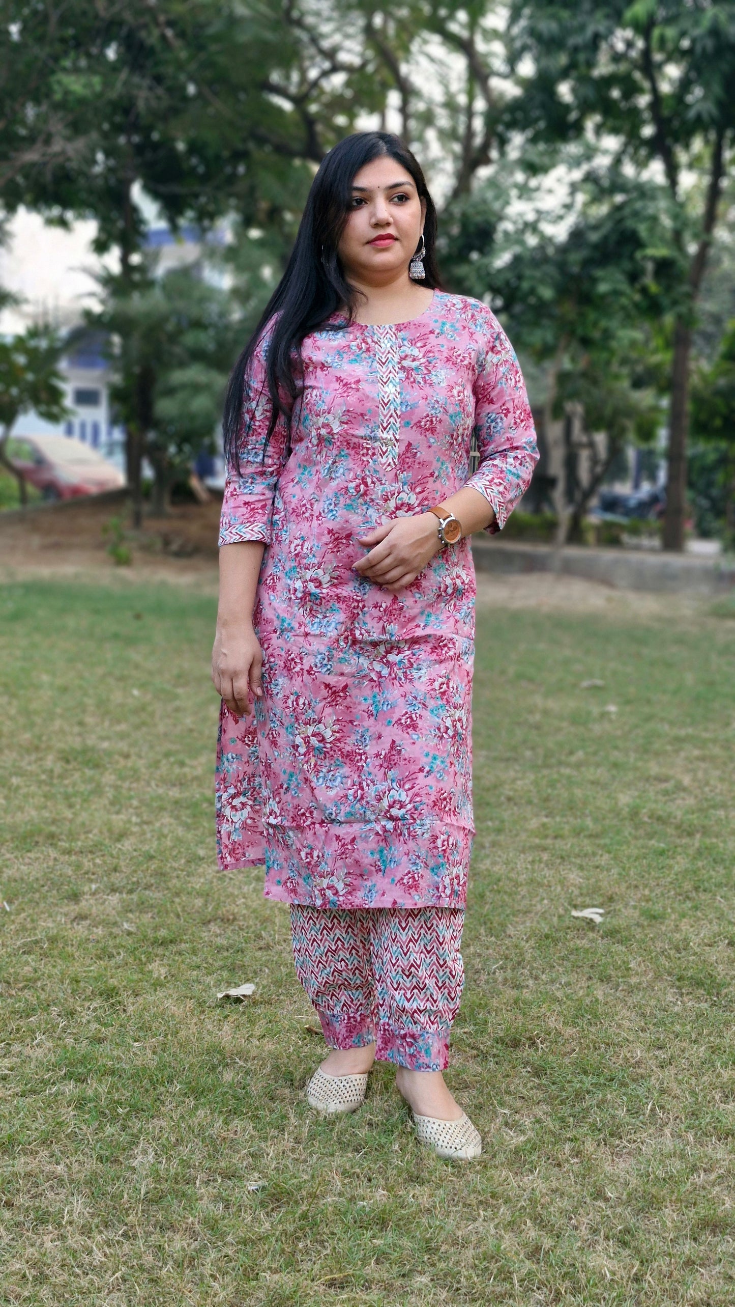 Floral Light Pink Floral Cotton Three-Piece Suit