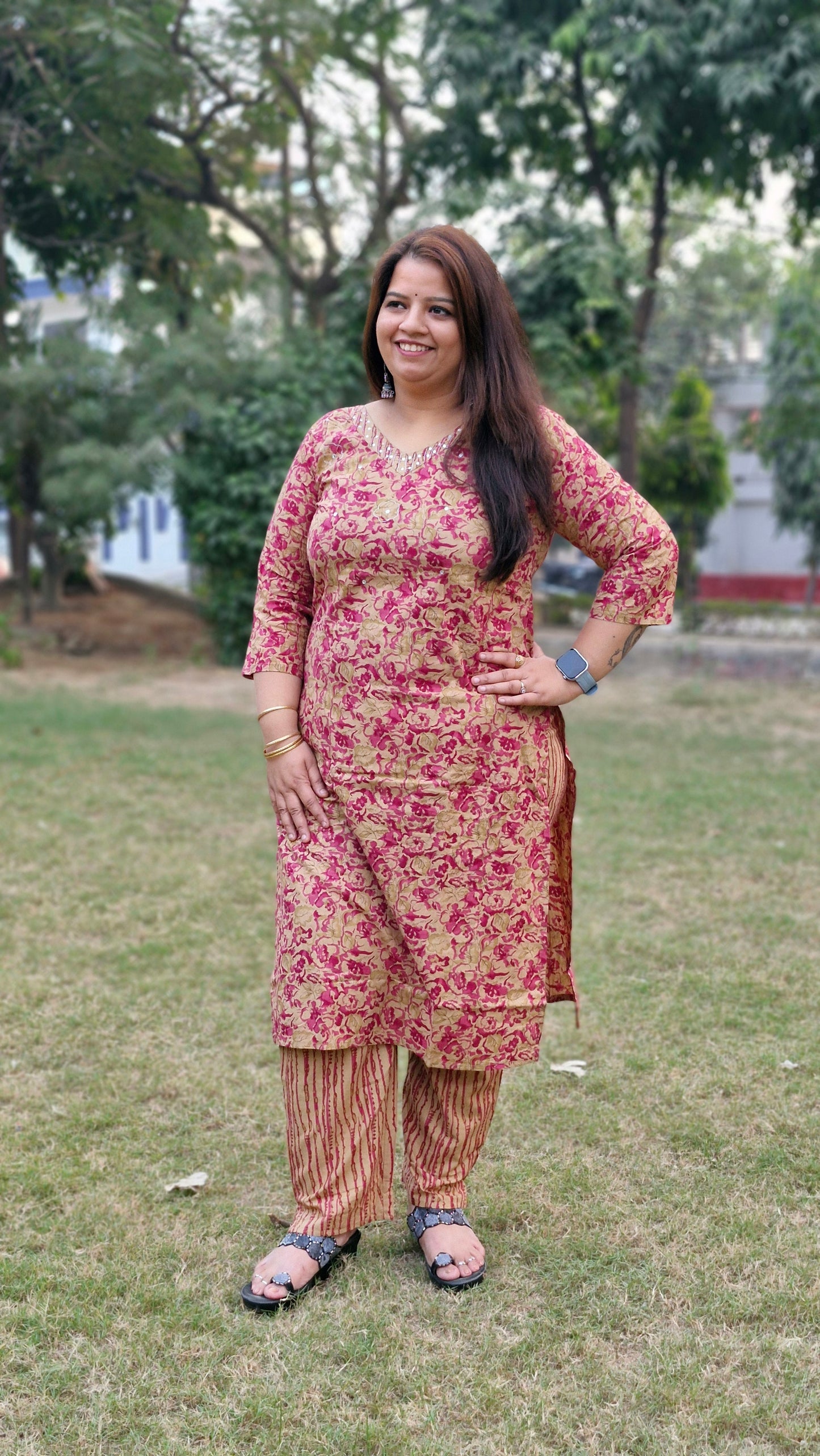 beige and pink contrast three-piece cotton suit