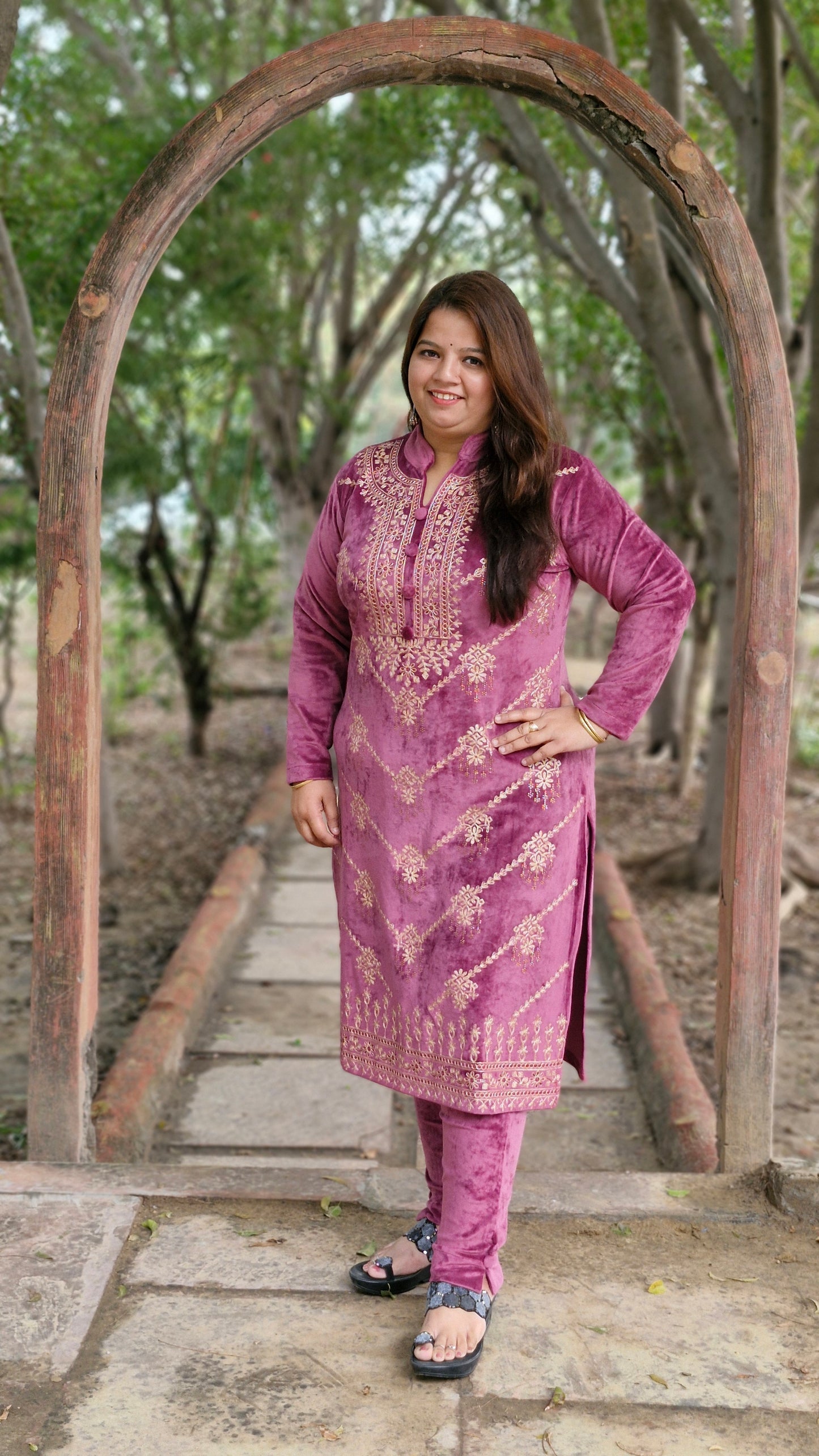 Elegant Three-Piece Woolen Velvet Suit in Pink