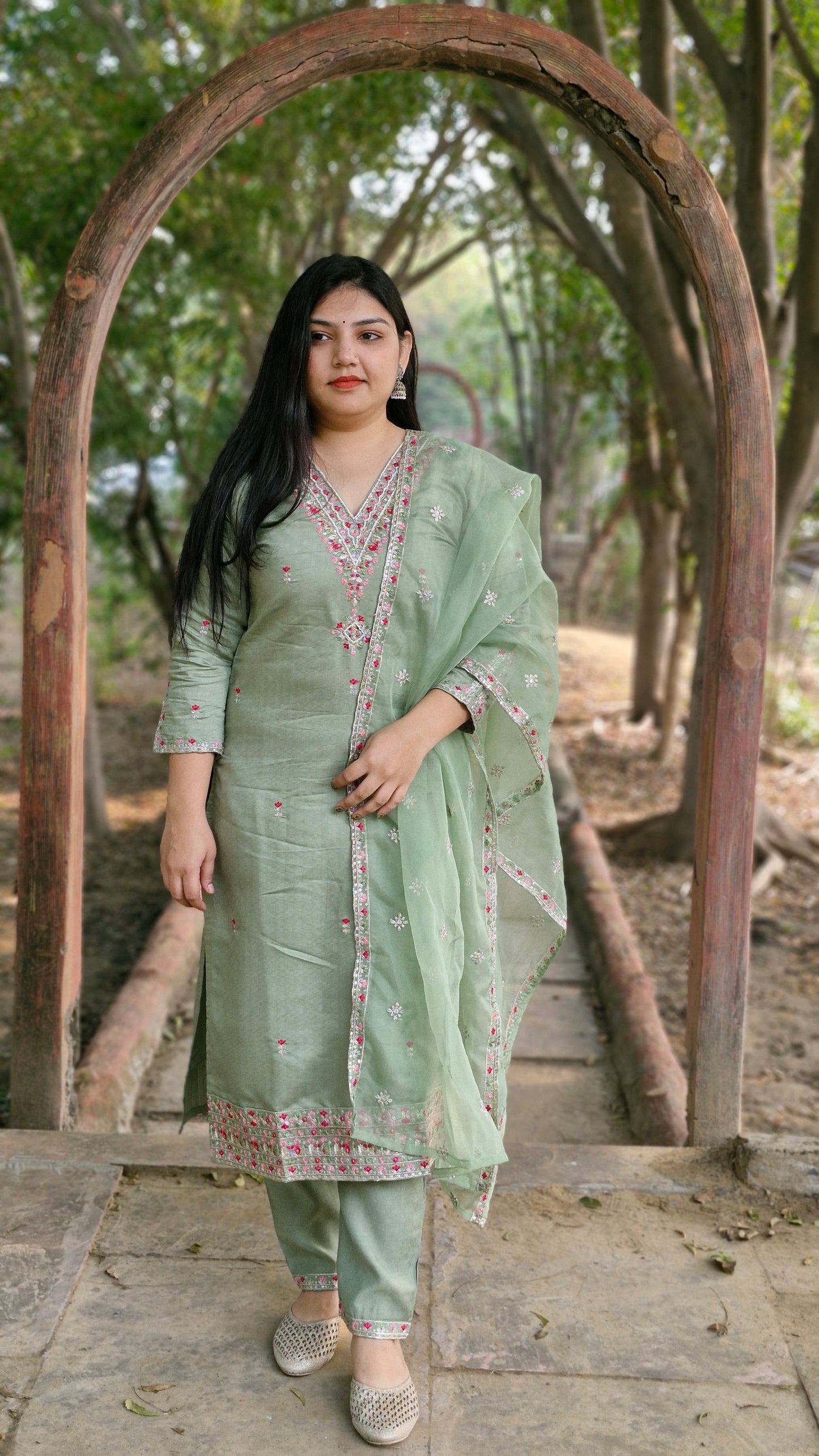 Graceful Mint Green Dola Silk Suit with Organza Dupatta
