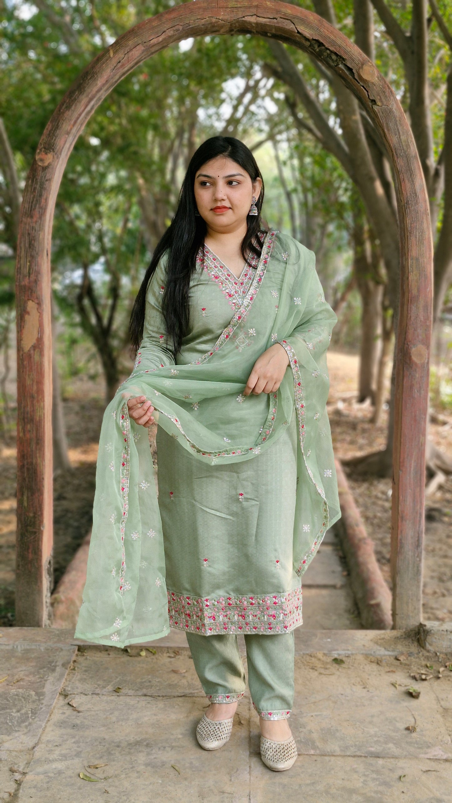 Graceful Mint Green Dola Silk Suit with Organza Dupatta