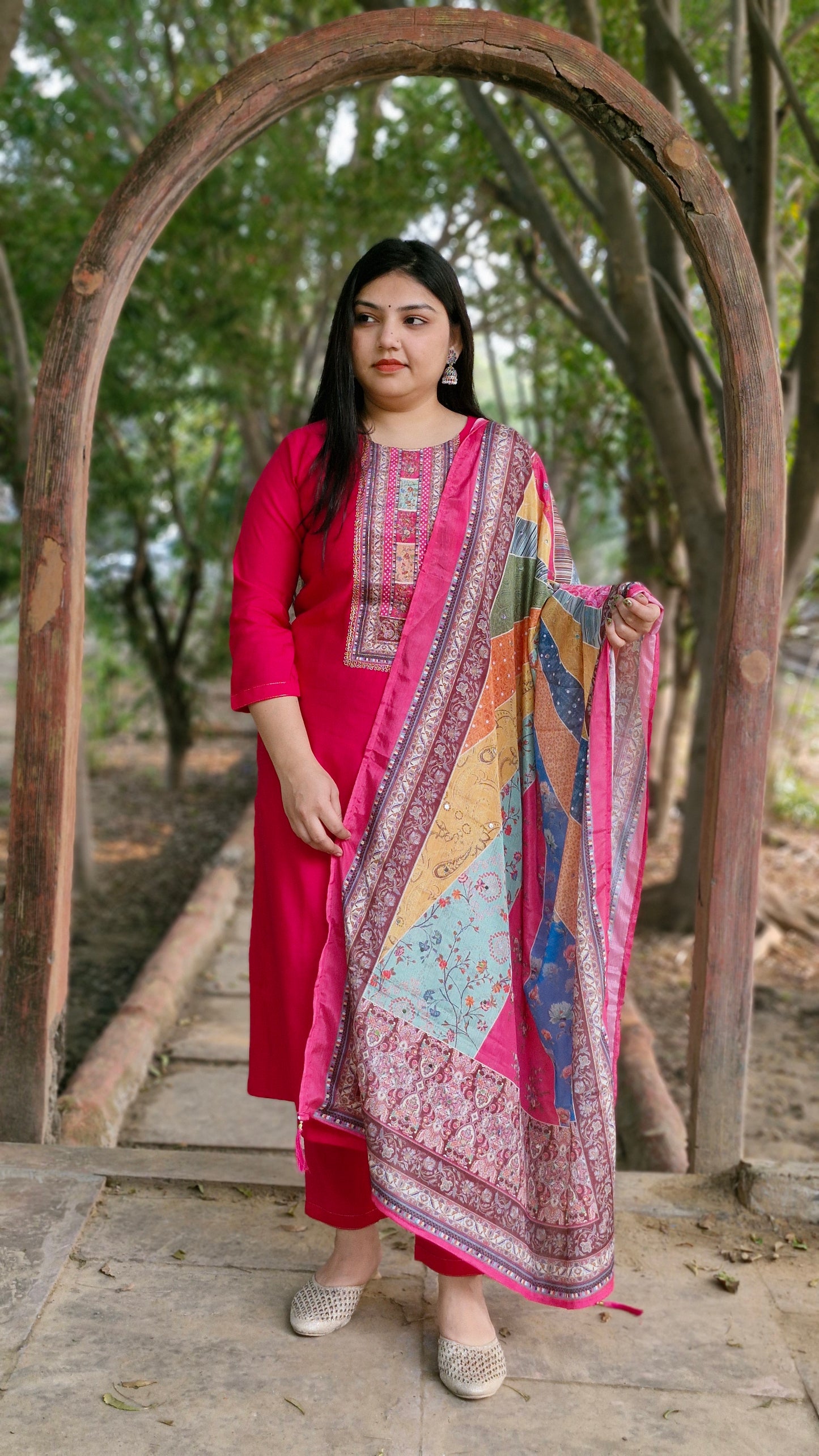 Pink Dola Silk Three-Piece Suit with Multi-Colored Dupatta