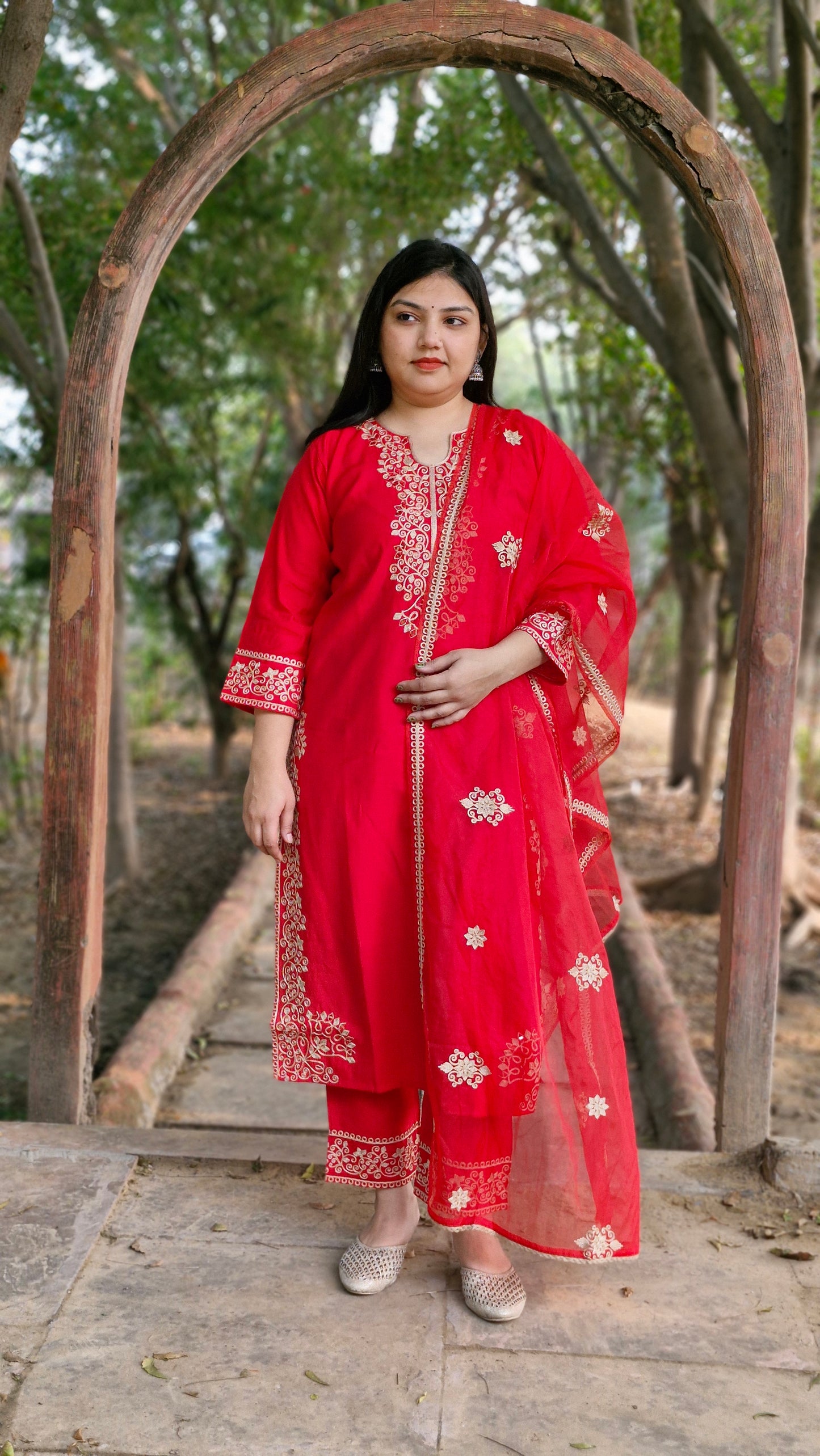 Red Dola Silk Three-Piece Suit with Kashmiri Embroidery