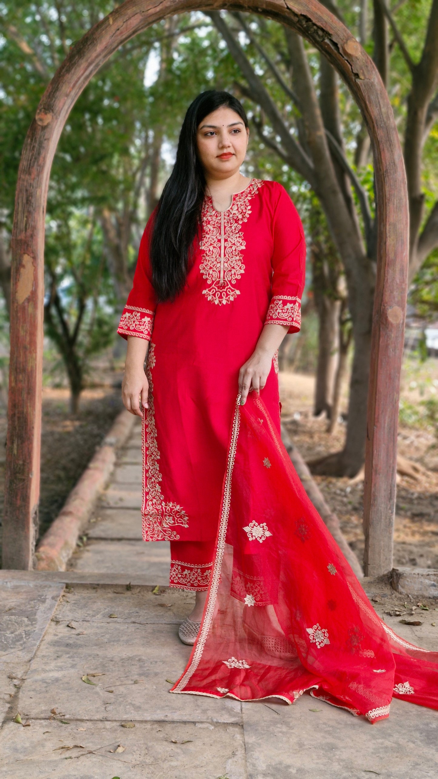 Red Dola Silk Three-Piece Suit with Kashmiri Embroidery