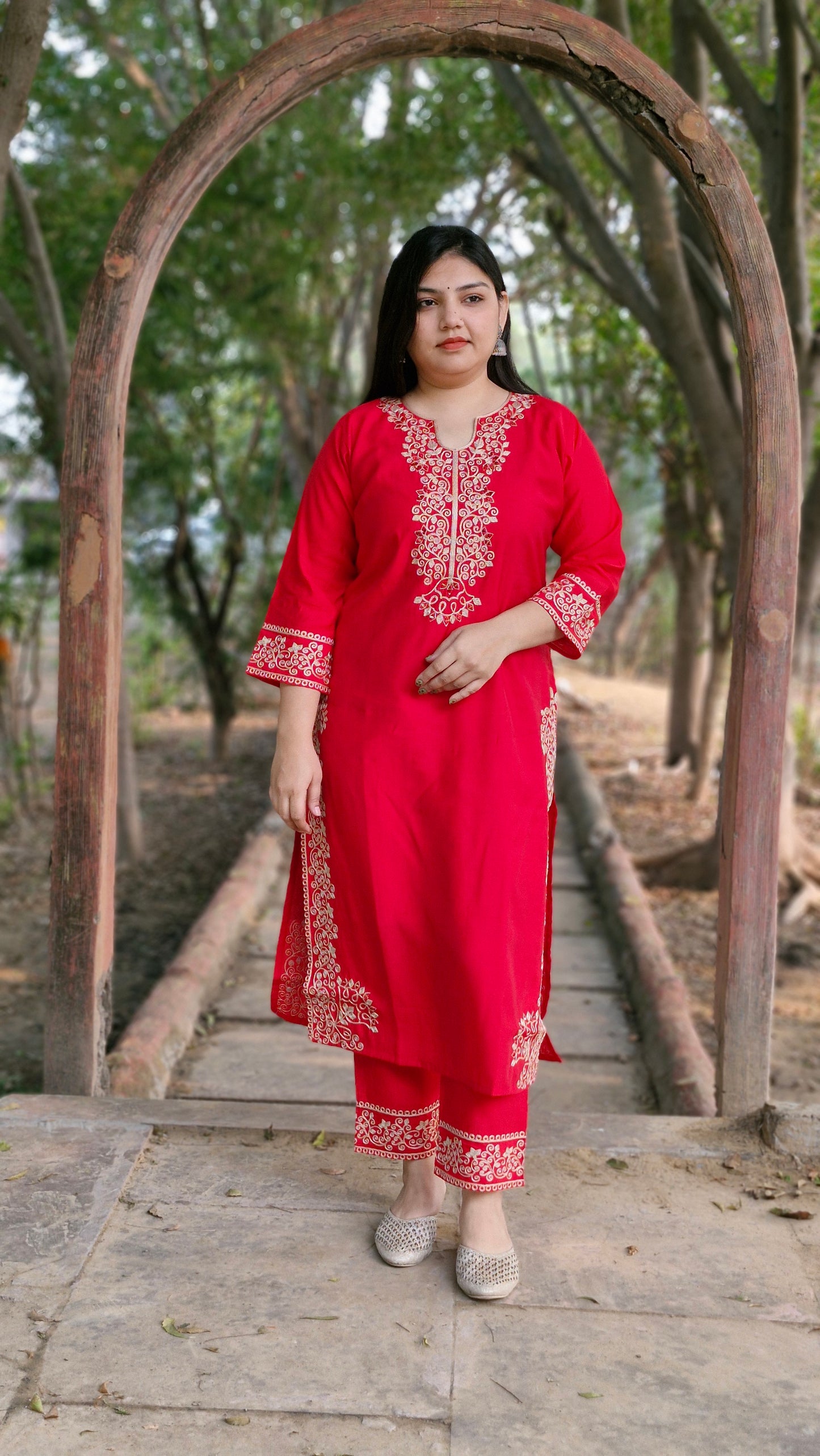 Red Dola Silk Three-Piece Suit with Kashmiri Embroidery