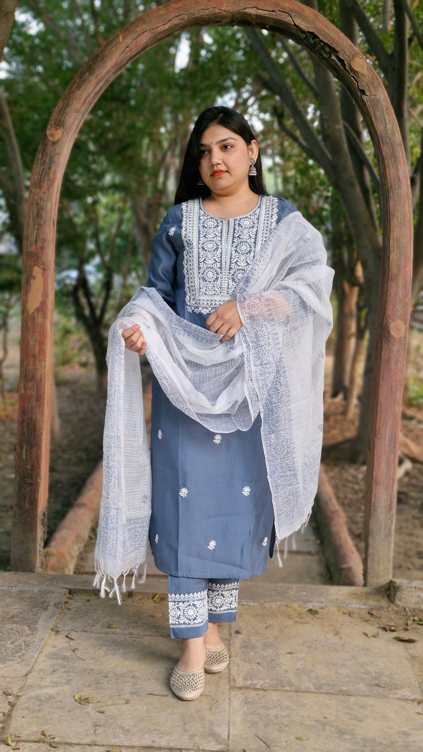 Steel Blue Dola Silk Suit with White Embroidery and Lace Work