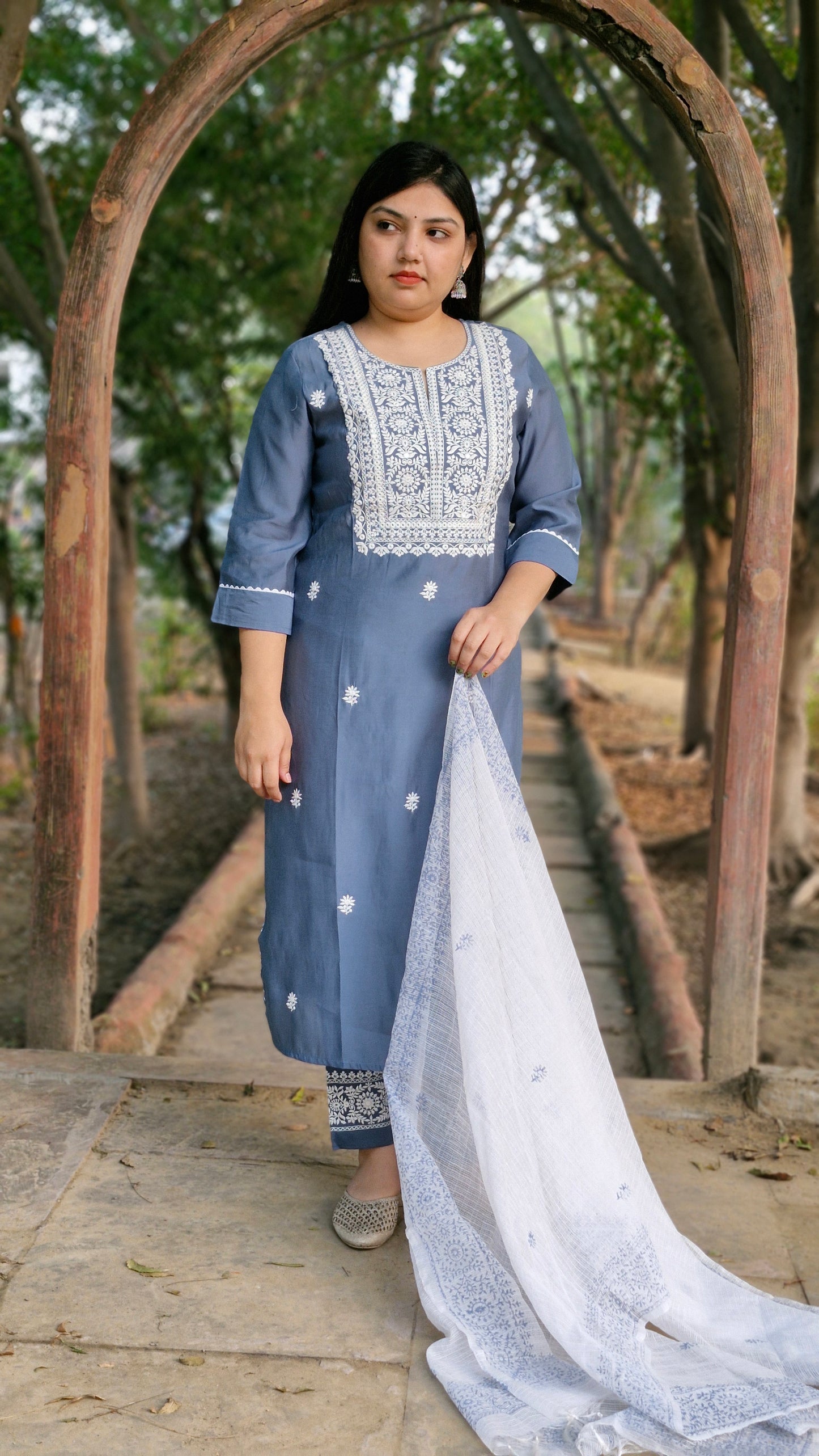 Steel Blue Dola Silk Suit with White Embroidery and Lace Work
