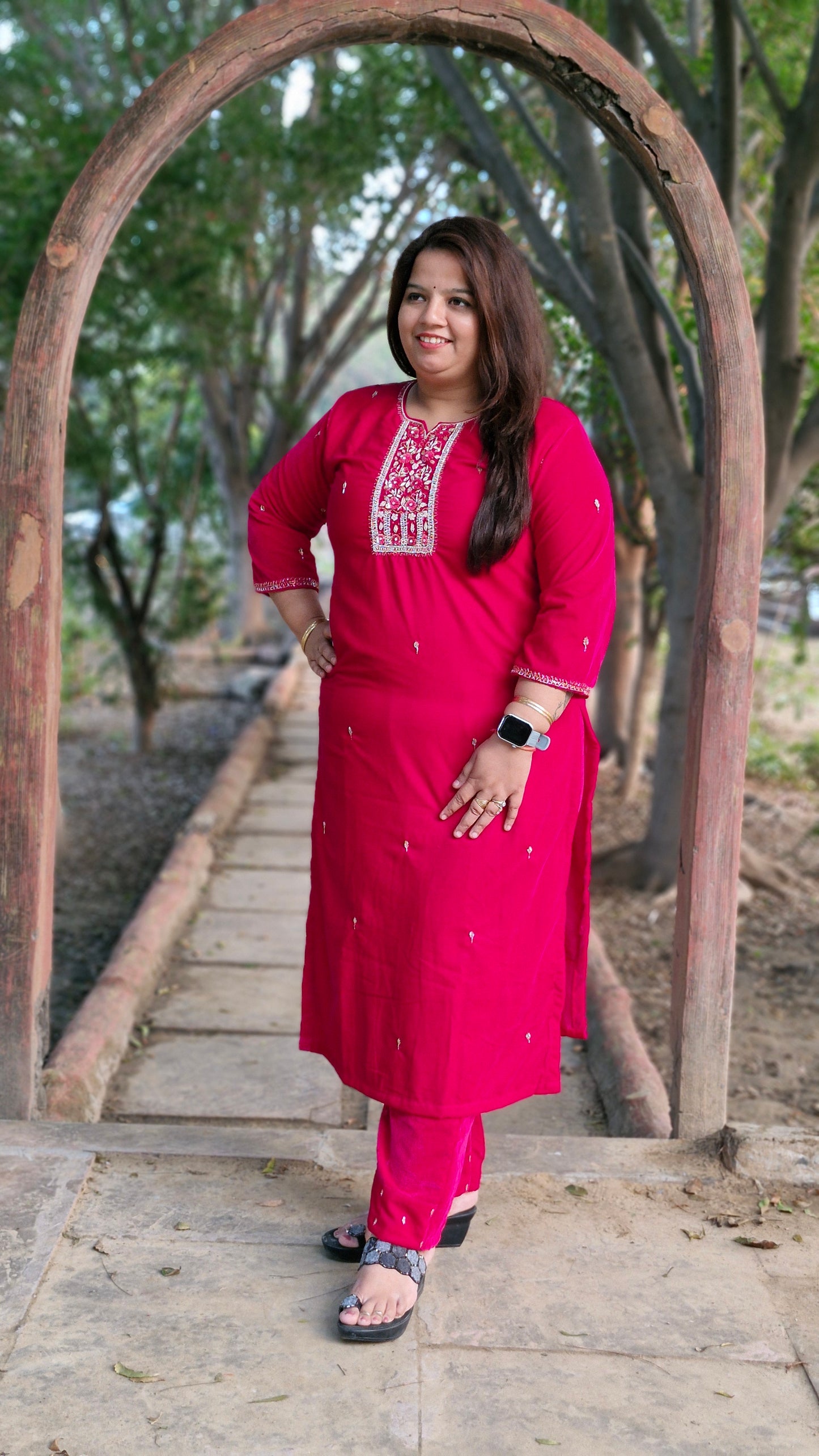 Magenta Velvet Embroidered Three-Piece Suit Set