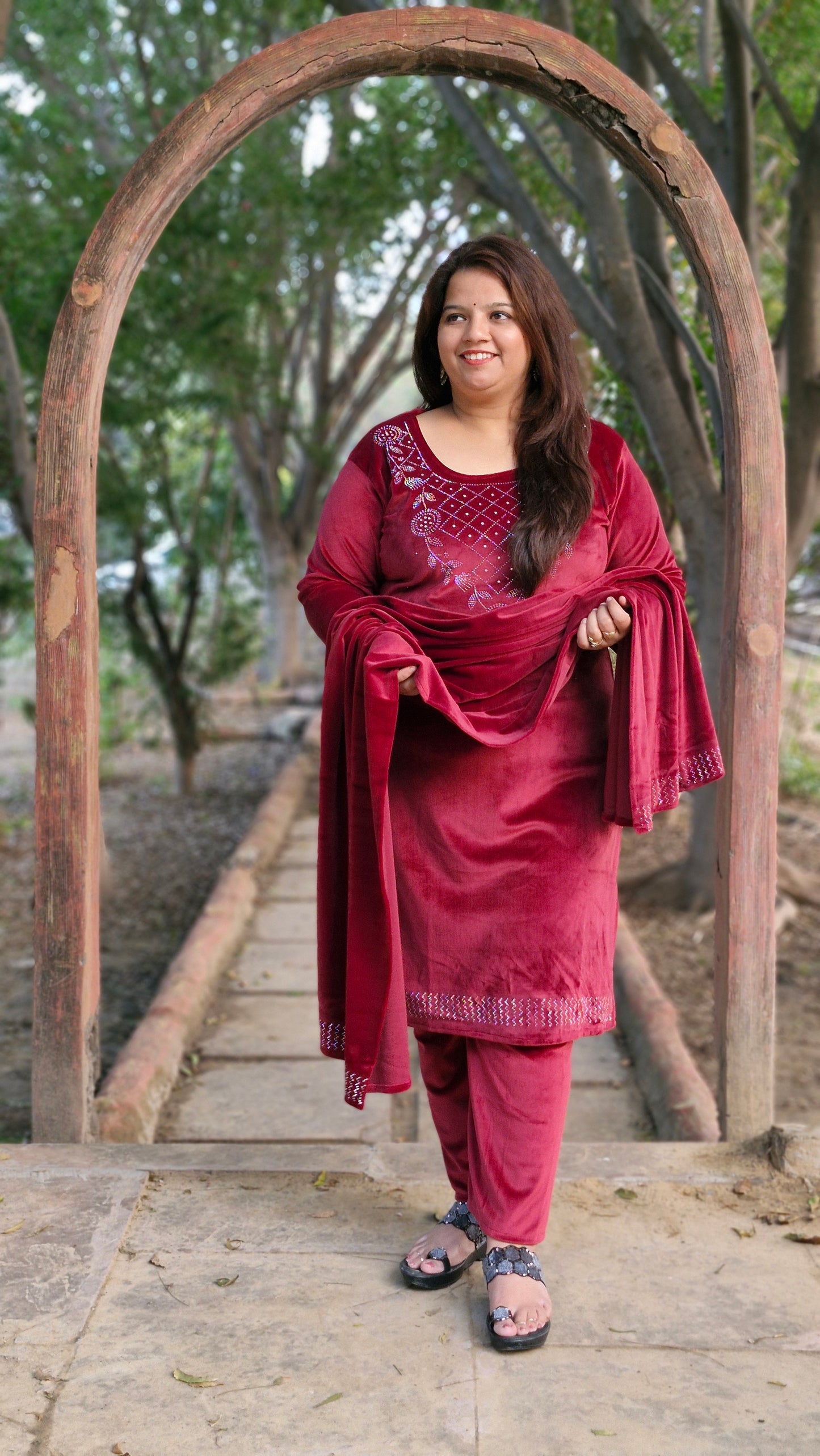 Luxurious Three-Piece woolen velvet suit in Mehroon