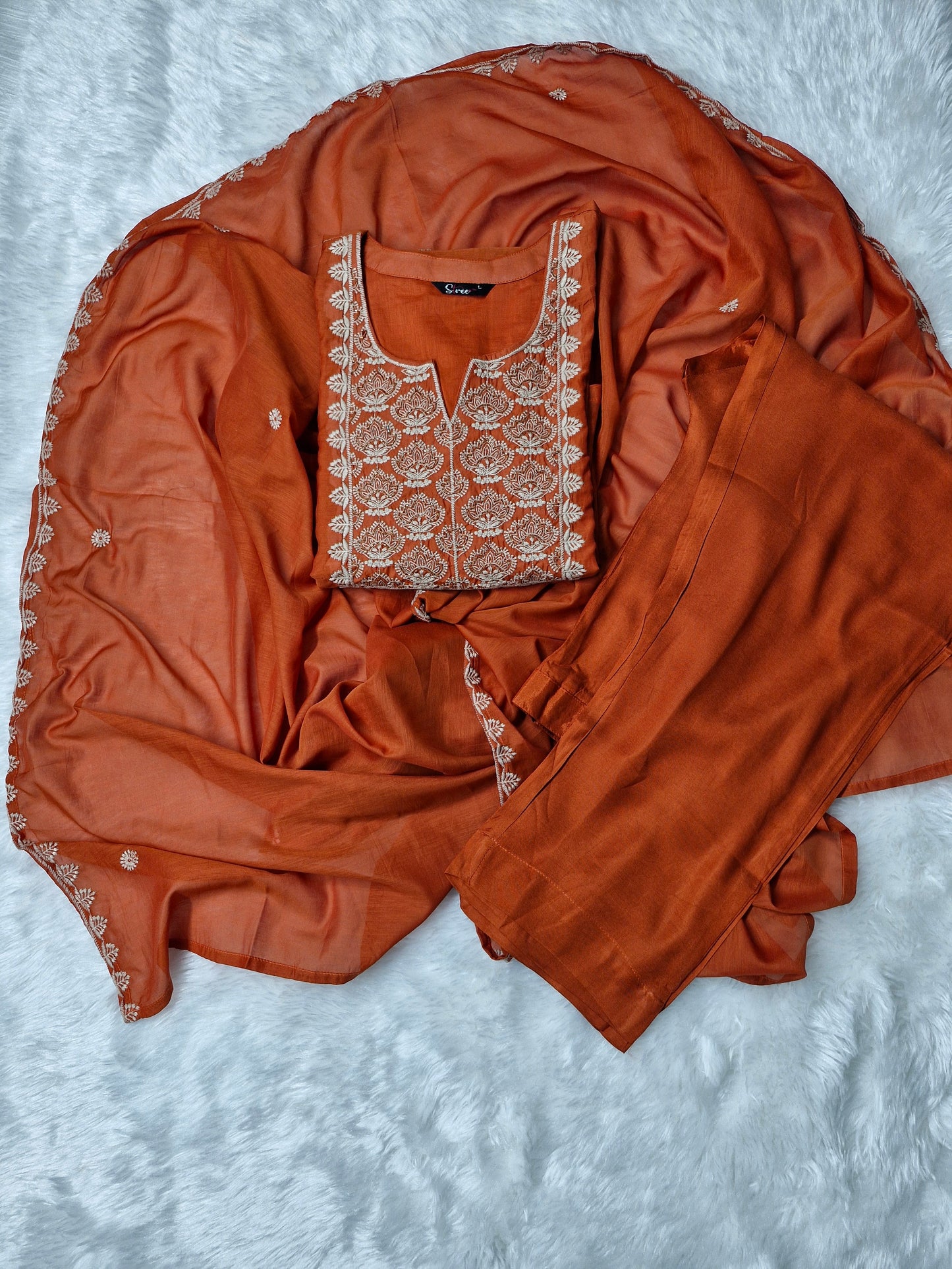 Rust Orange Elegance Embroidered Suit Set