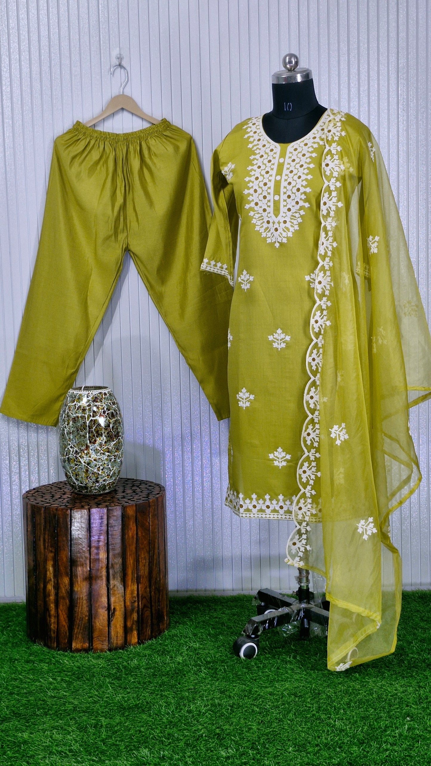 Sunny Lime Dola Silk Embroidered Suit Set
