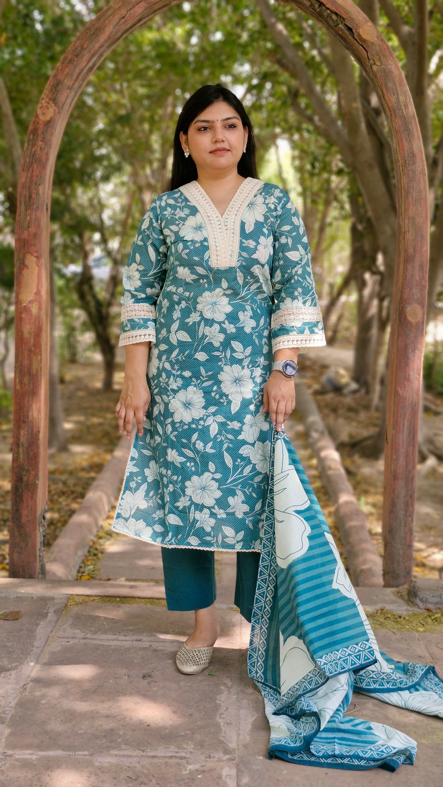 Gulnoor Teal Blossom Cotton Suit Set