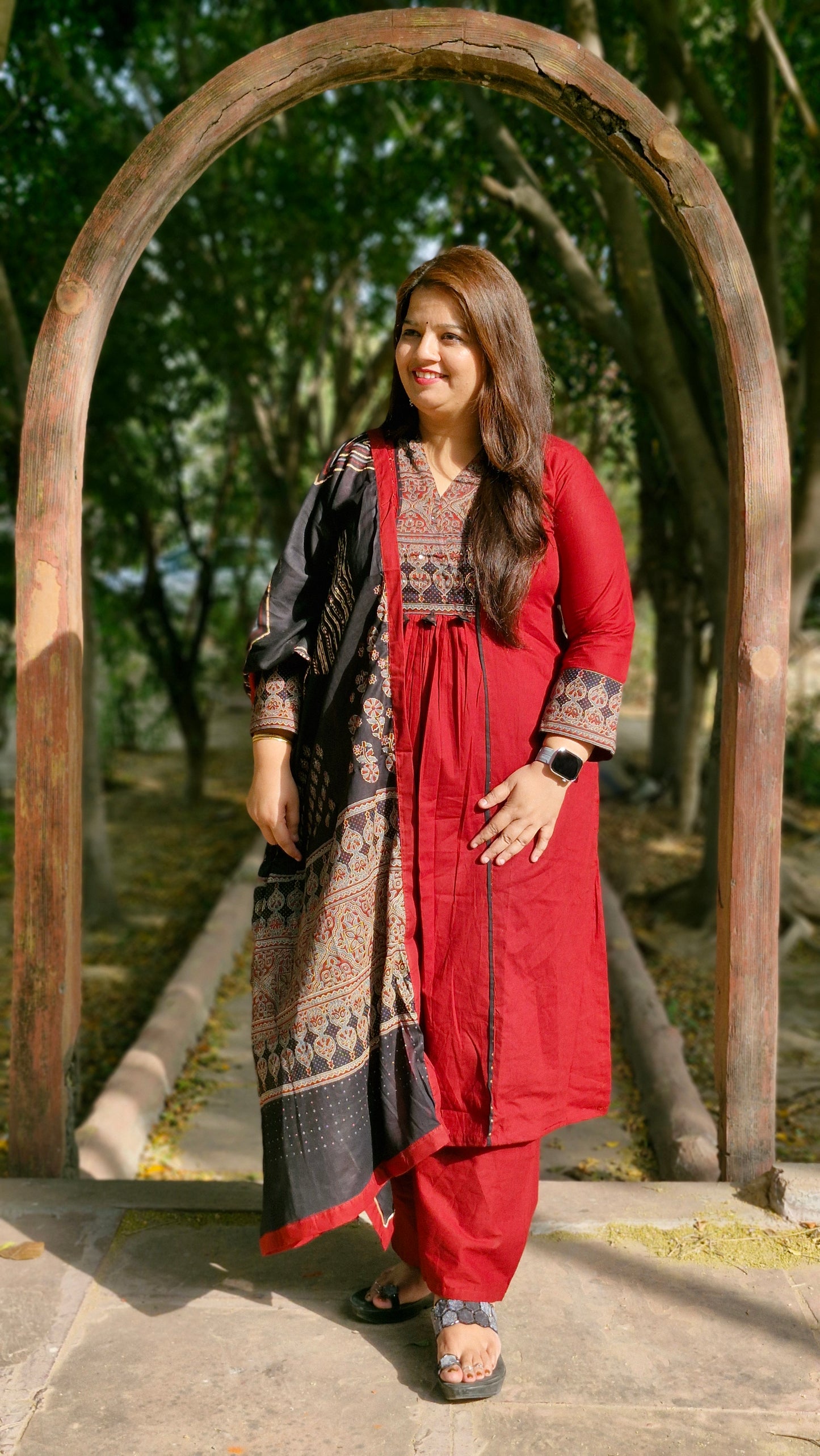 Ruby Maroon Printed Cotton Suit Set with Contrast Dupatta