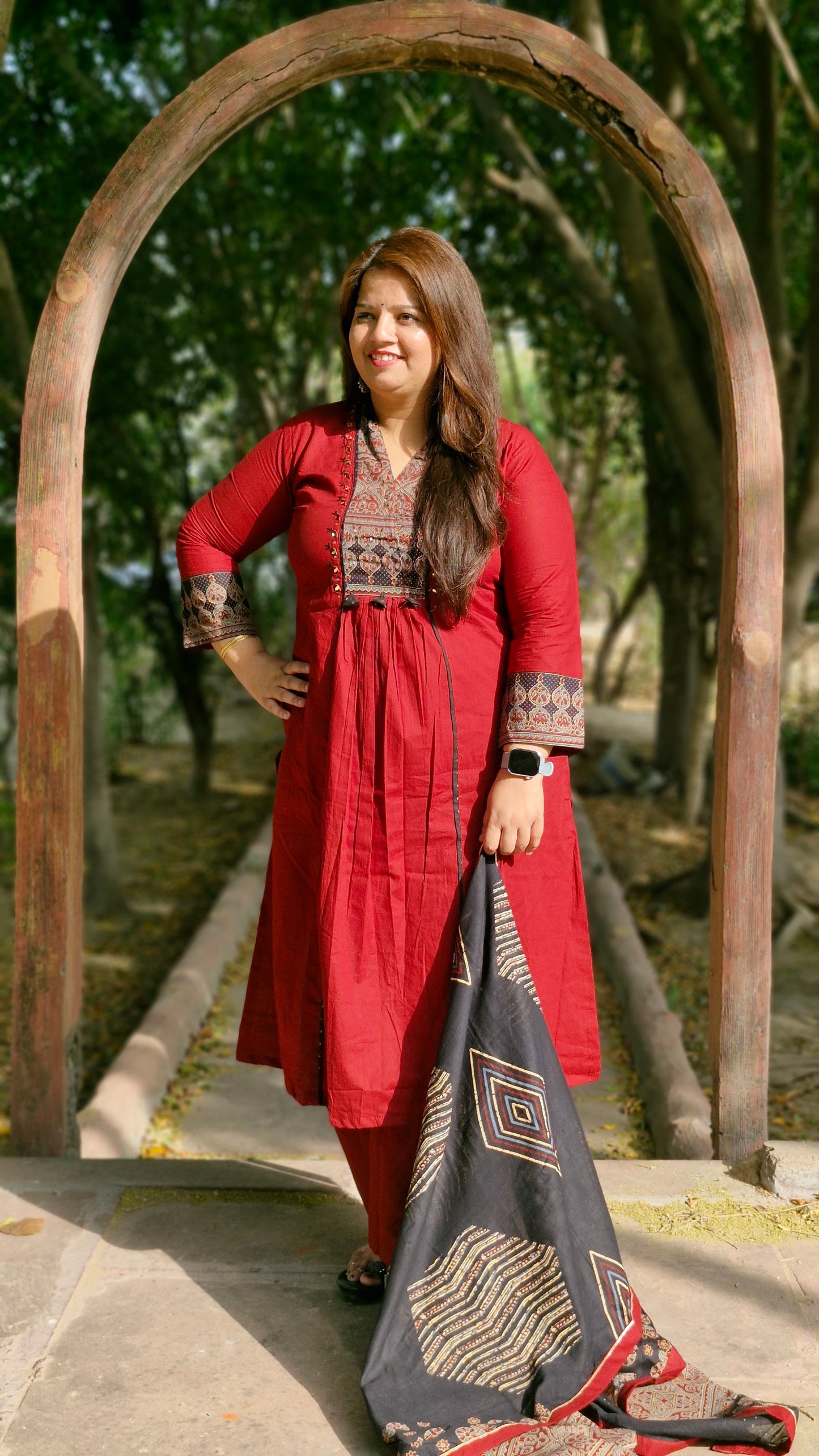 Ruby Maroon Printed Cotton Suit Set with Contrast Dupatta