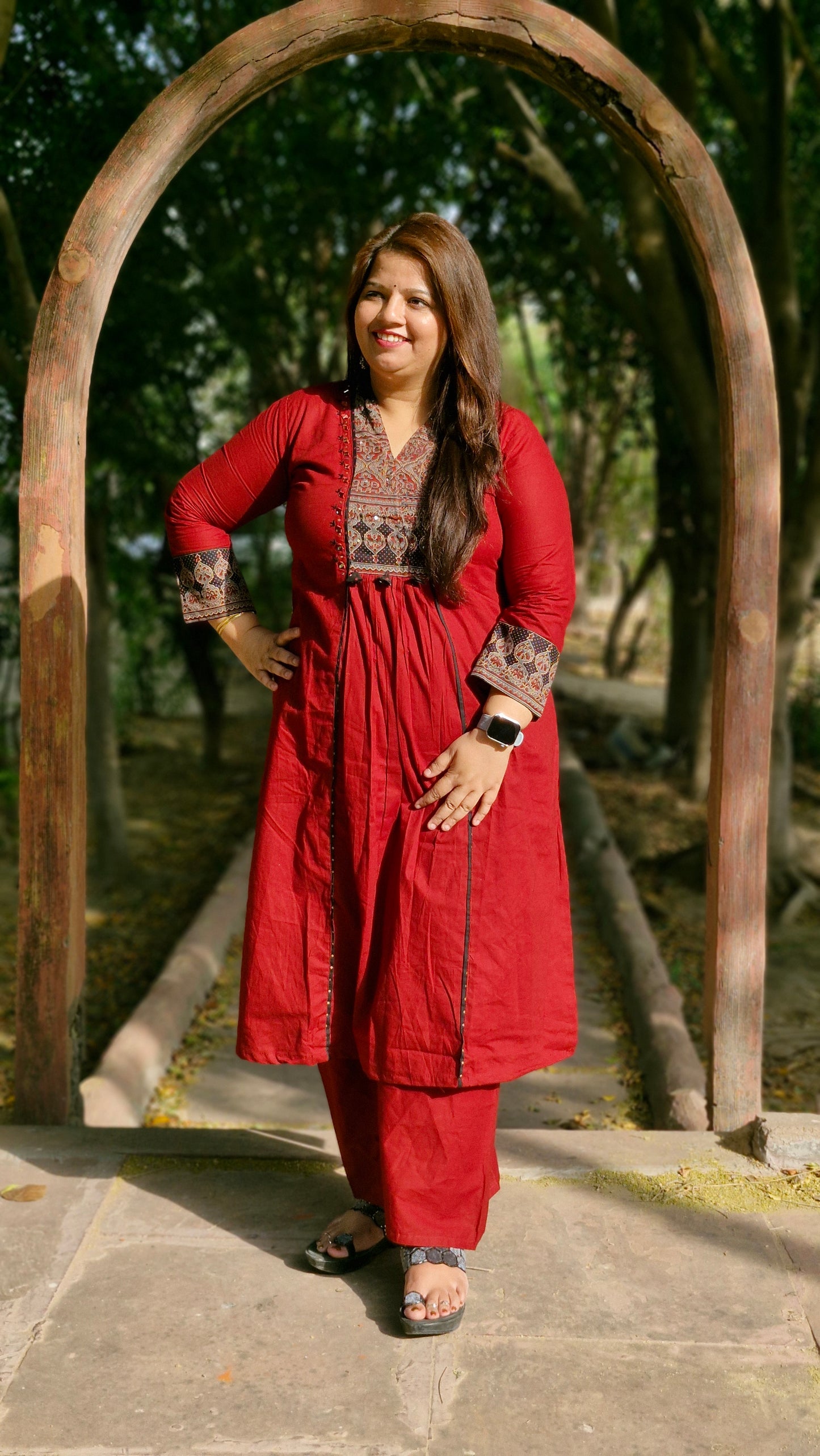 Ruby Maroon Printed Cotton Suit Set with Contrast Dupatta