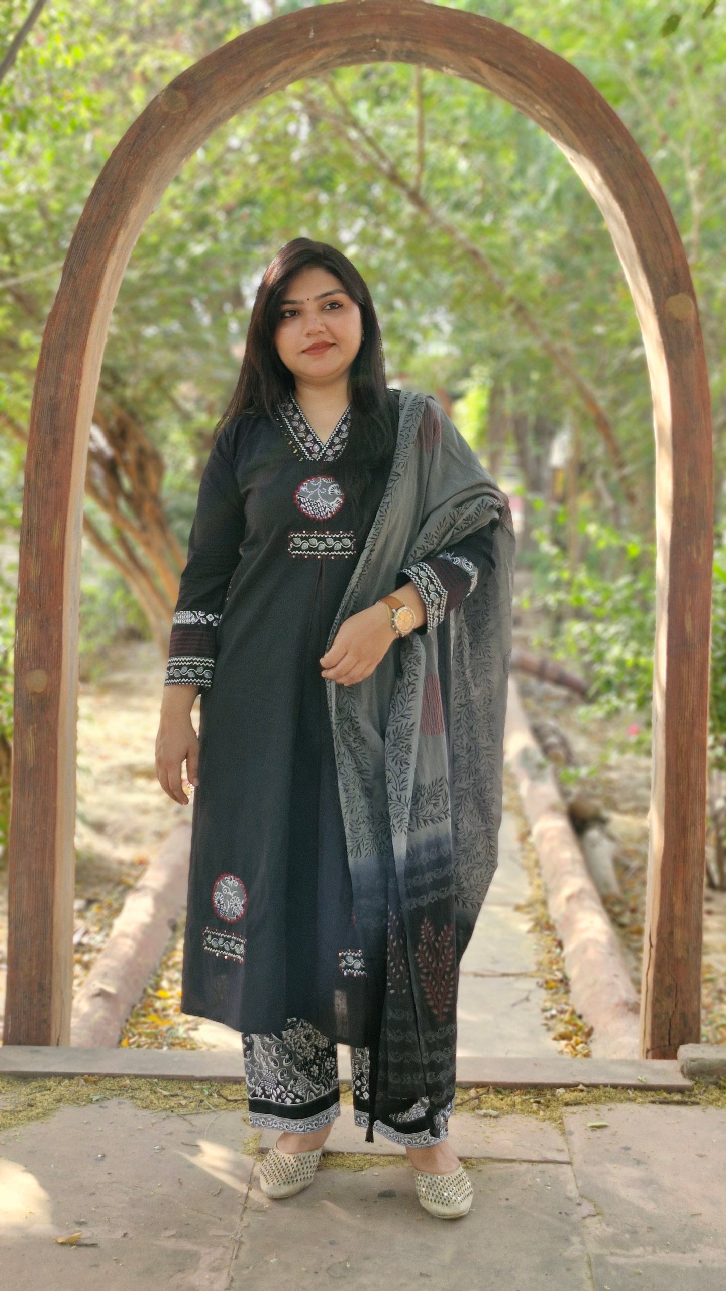 Ajrakh Print Style with Thread Embroidery Suit Set