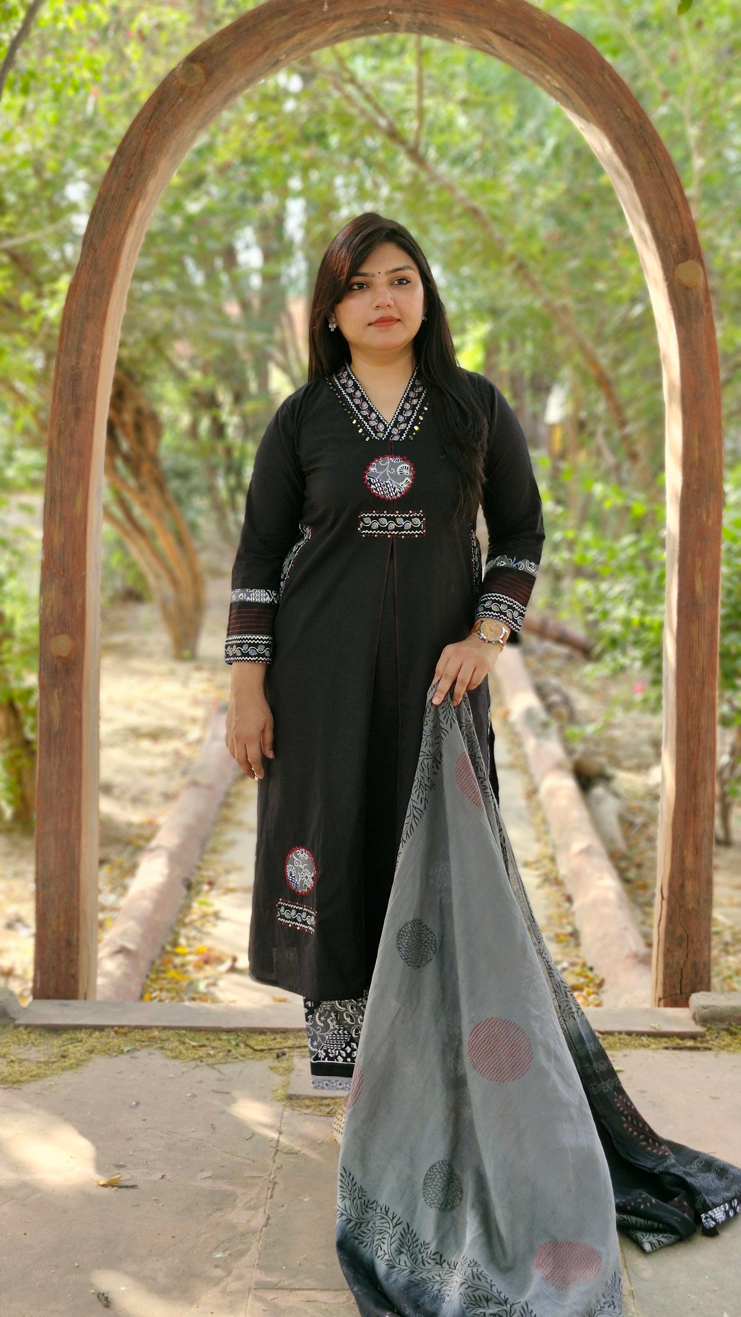 Ajrakh Print Style with Thread Embroidery Suit Set