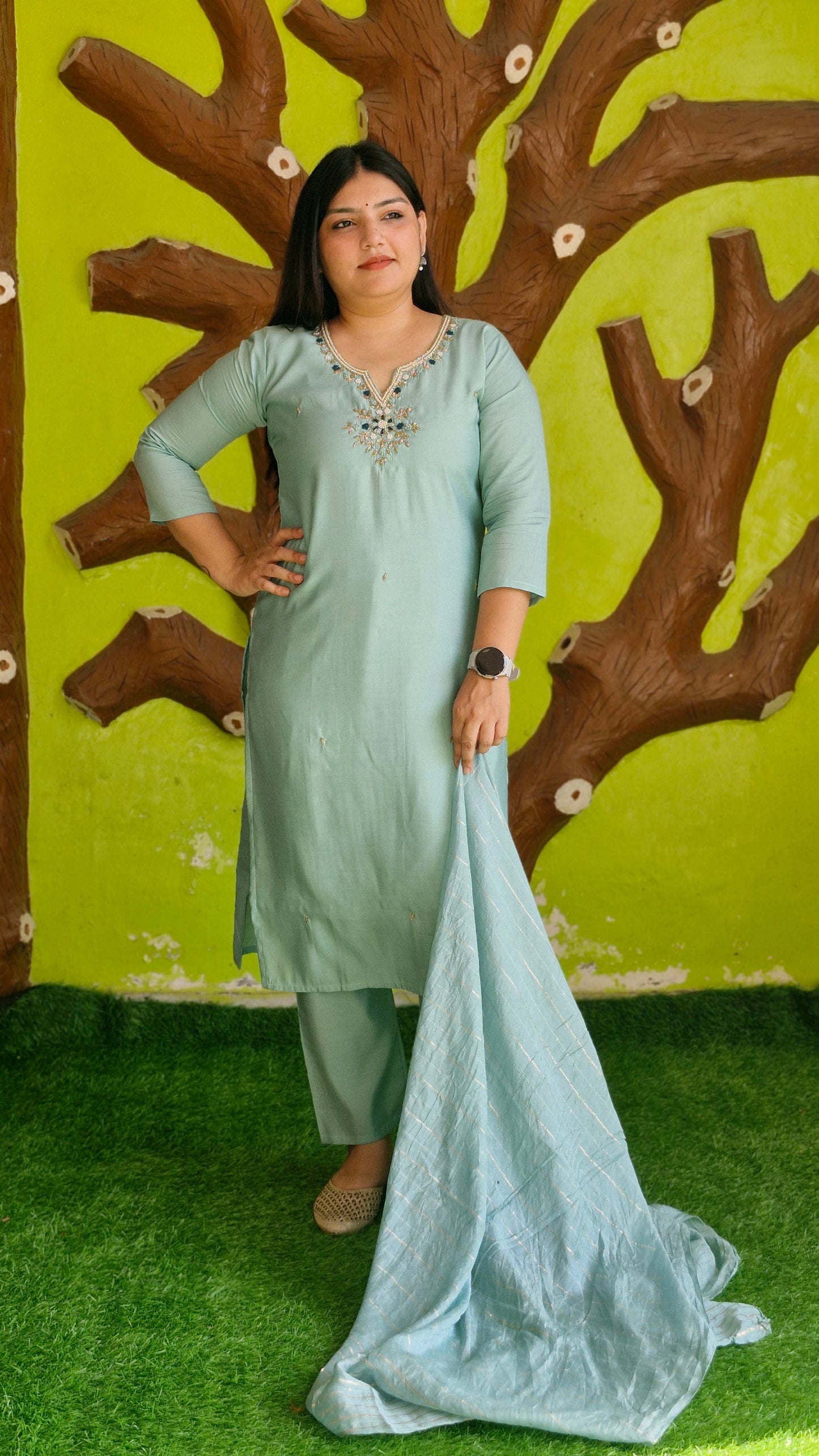 "Aqua Serenity" - Elegant Embroidered Kurta Set