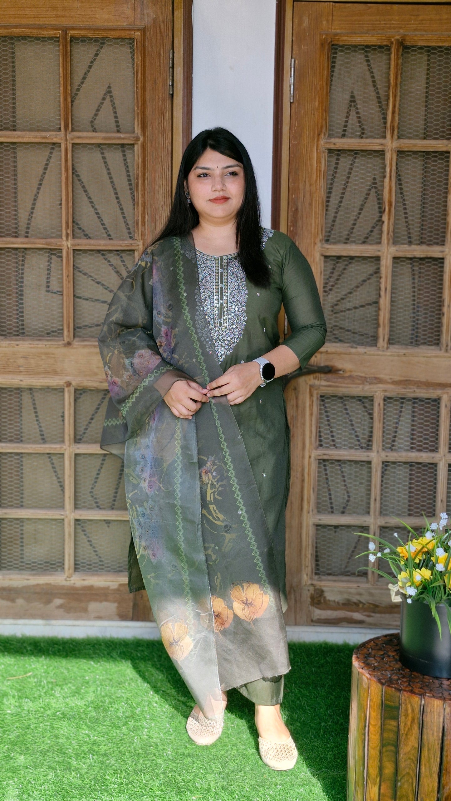 Olive Bloom Mirror Work Suit Set