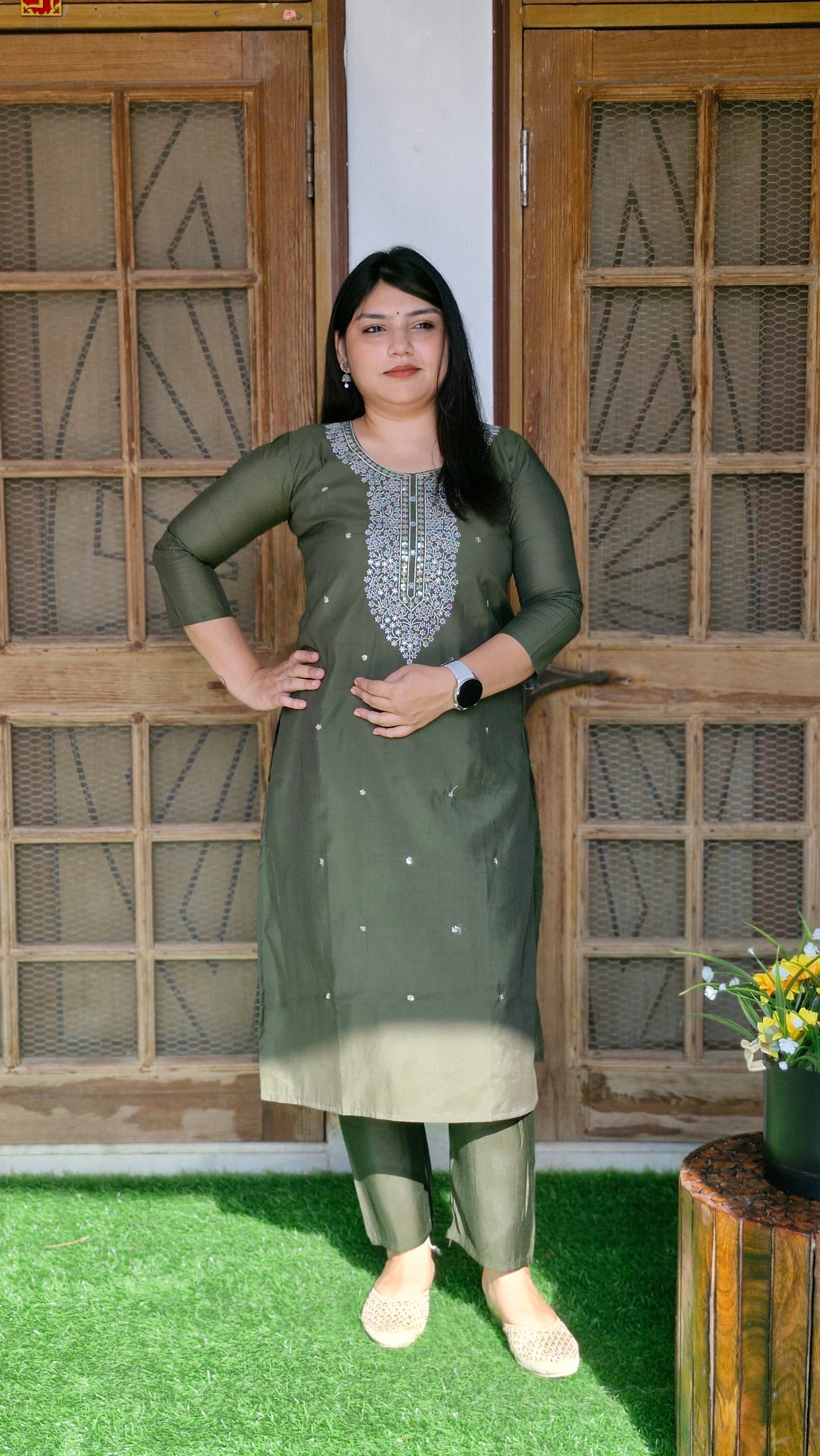 Olive Bloom Mirror Work Suit Set