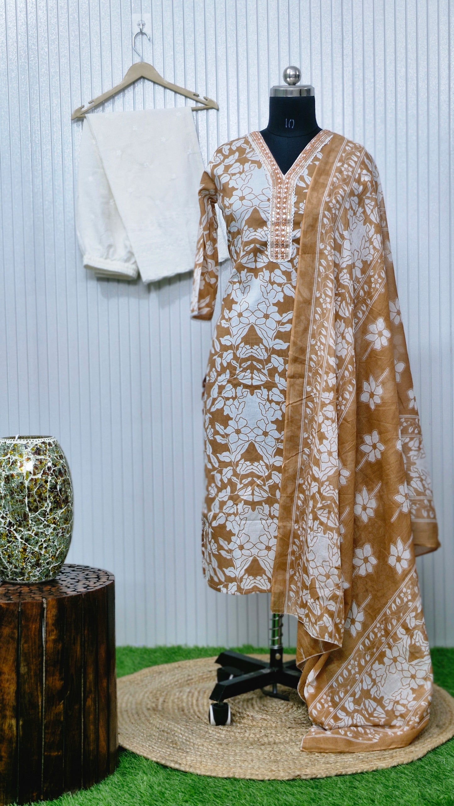 Sand Bloom Elegance - Handblock Printed Cotton Suit Set