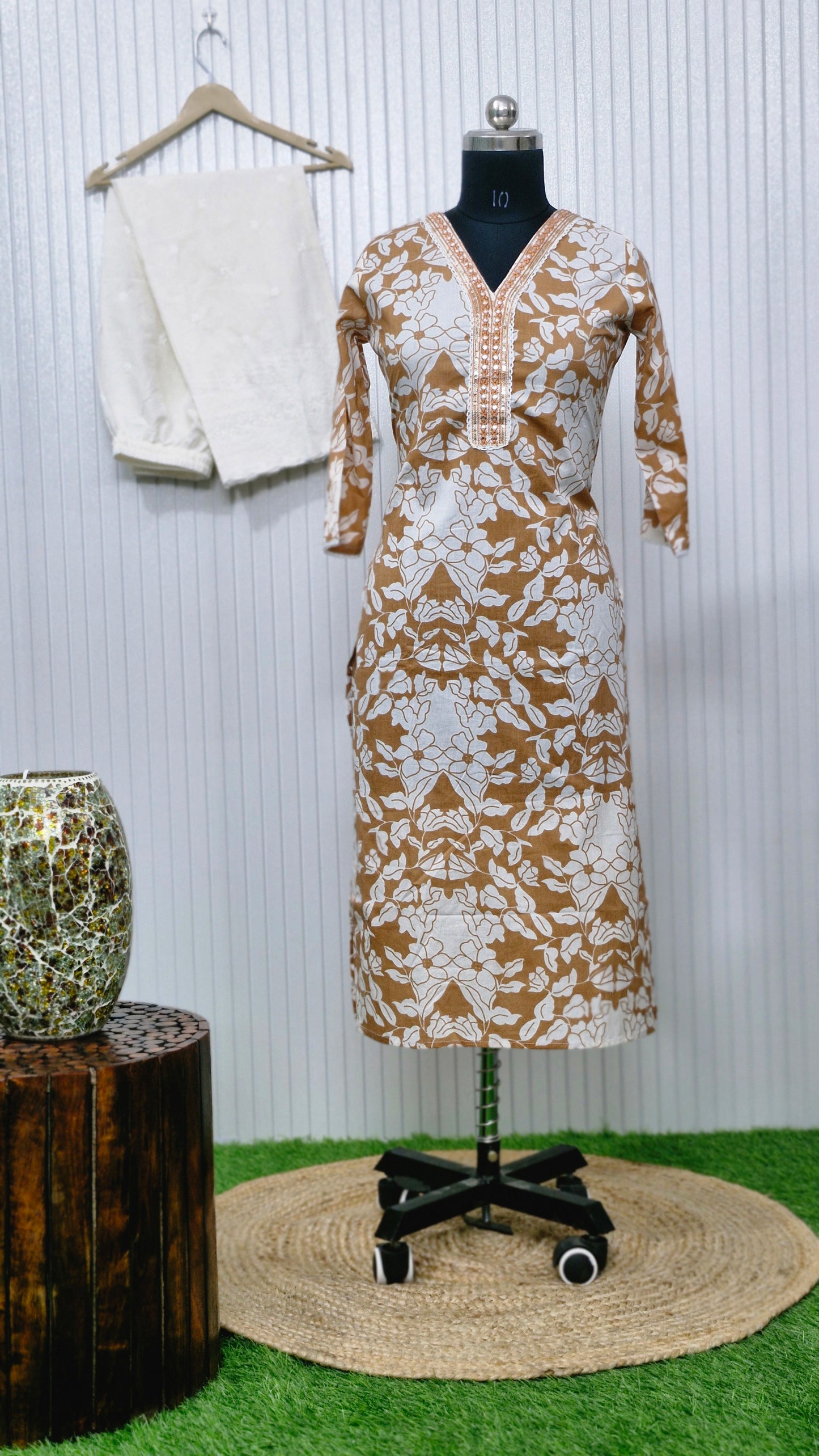 Sand Bloom Elegance - Handblock Printed Cotton Suit Set