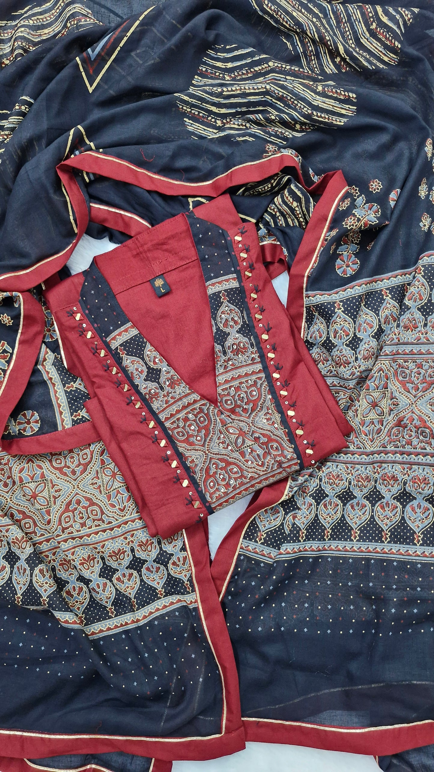 Ruby Maroon Printed Cotton Suit Set with Contrast Dupatta