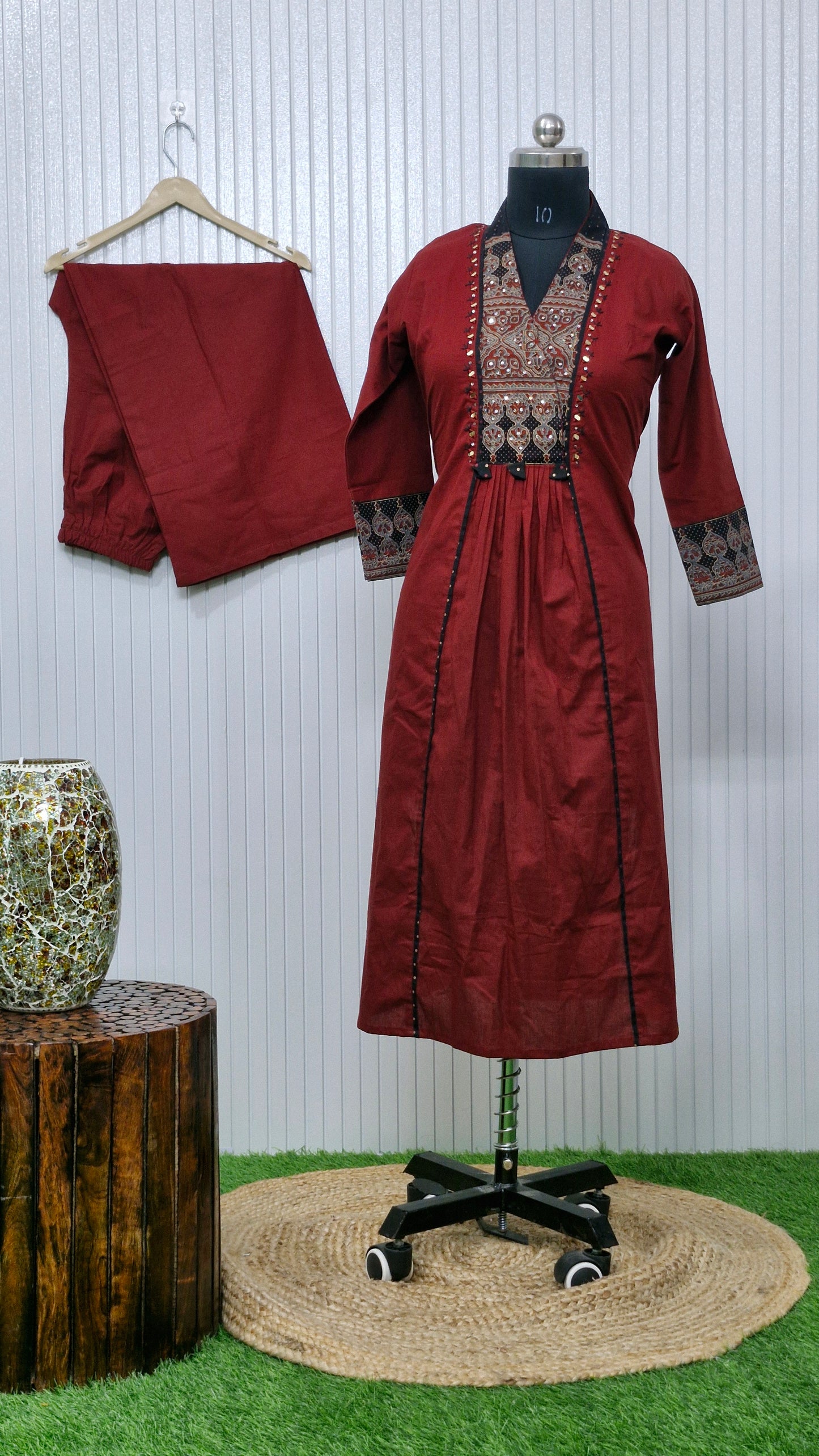 Ruby Maroon Printed Cotton Suit Set with Contrast Dupatta