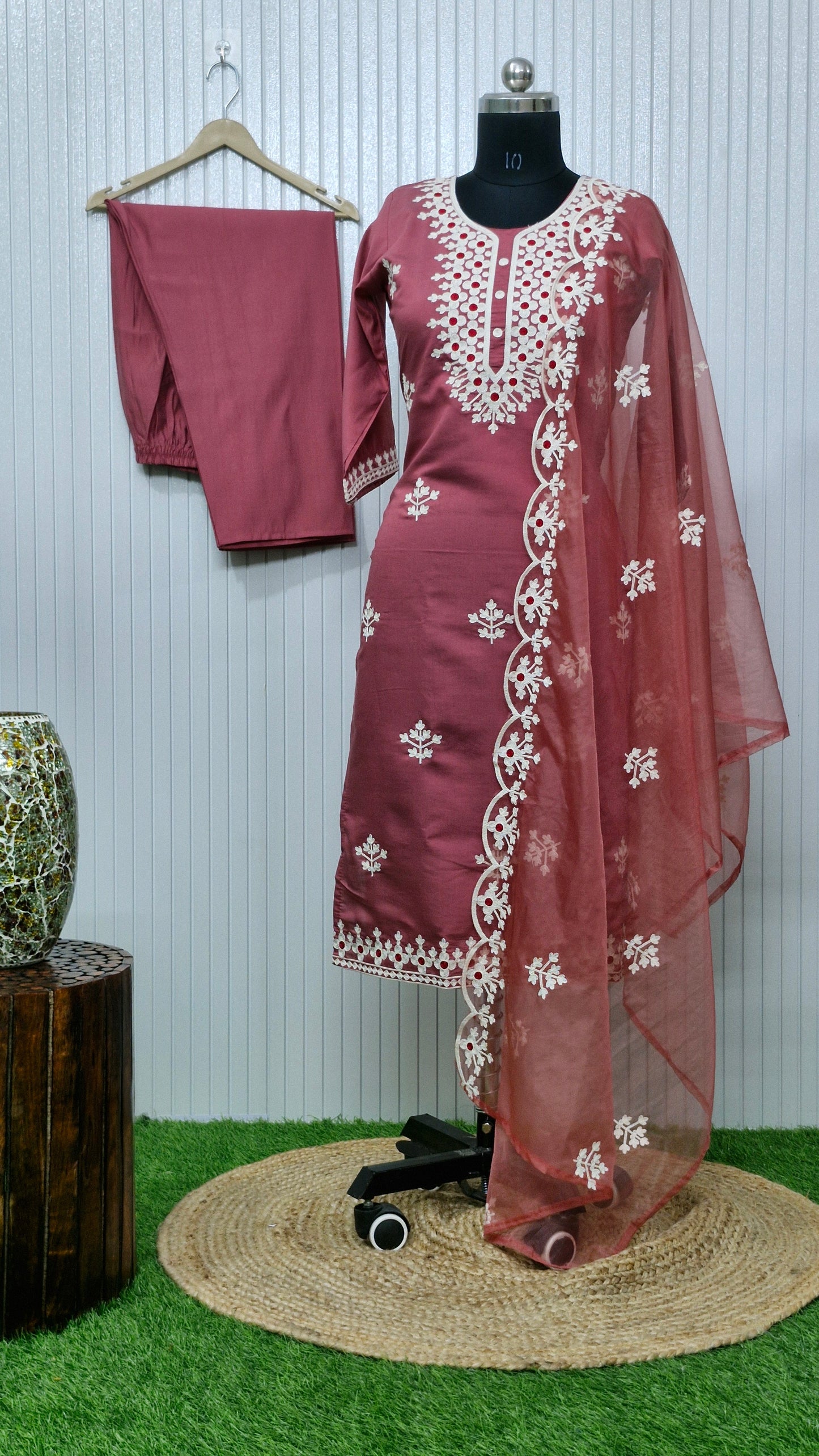Dusty Rose Embroidered Dola Silk Suit Set