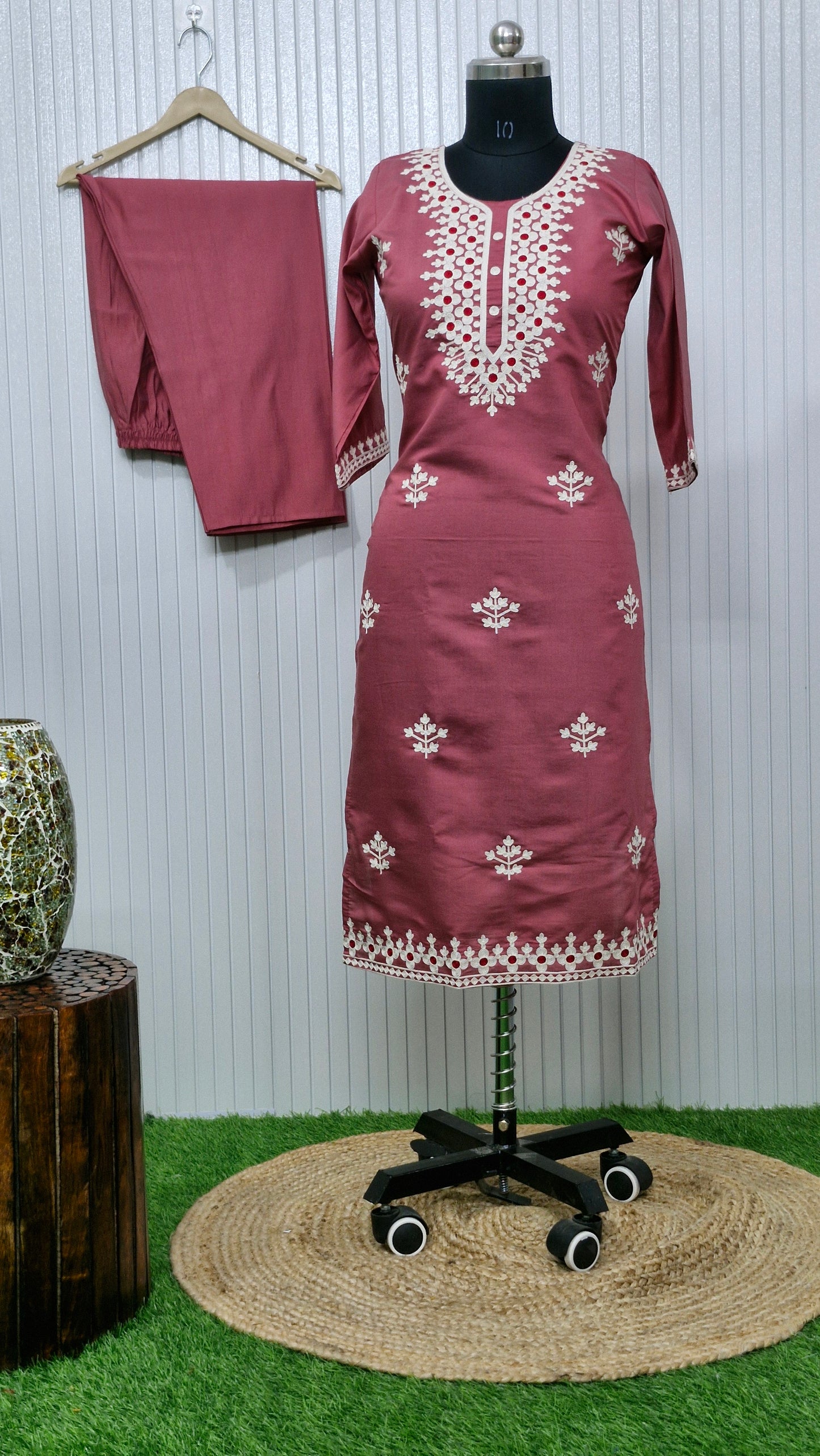 Dusty Rose Embroidered Dola Silk Suit Set