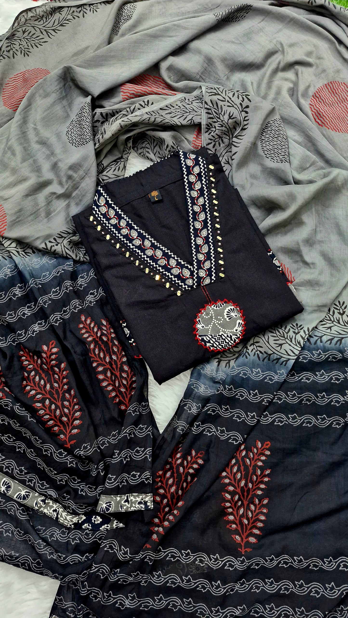 Ajrakh Print Style with Thread Embroidery Suit Set