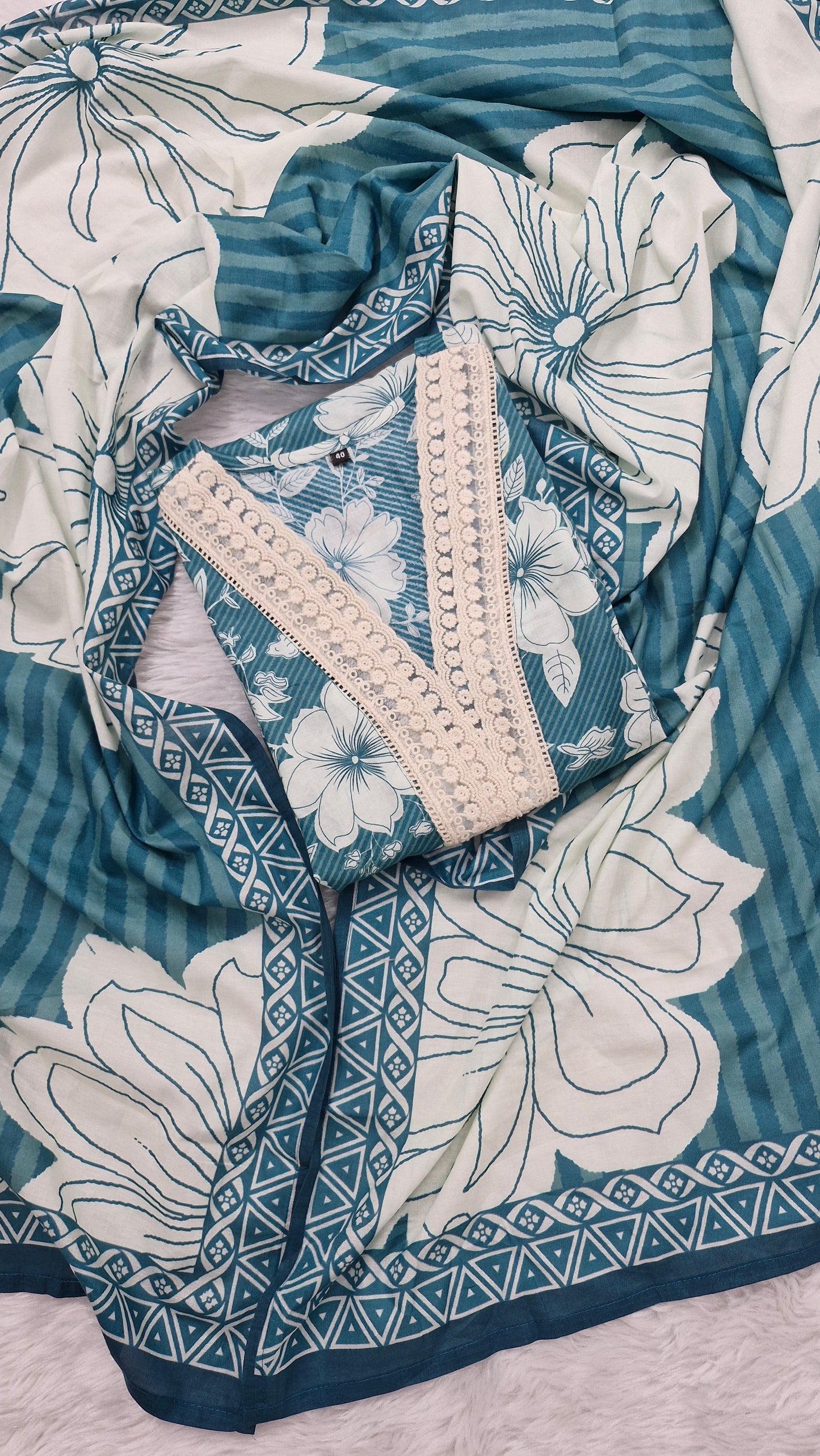 Gulnoor Teal Blossom Cotton Suit Set
