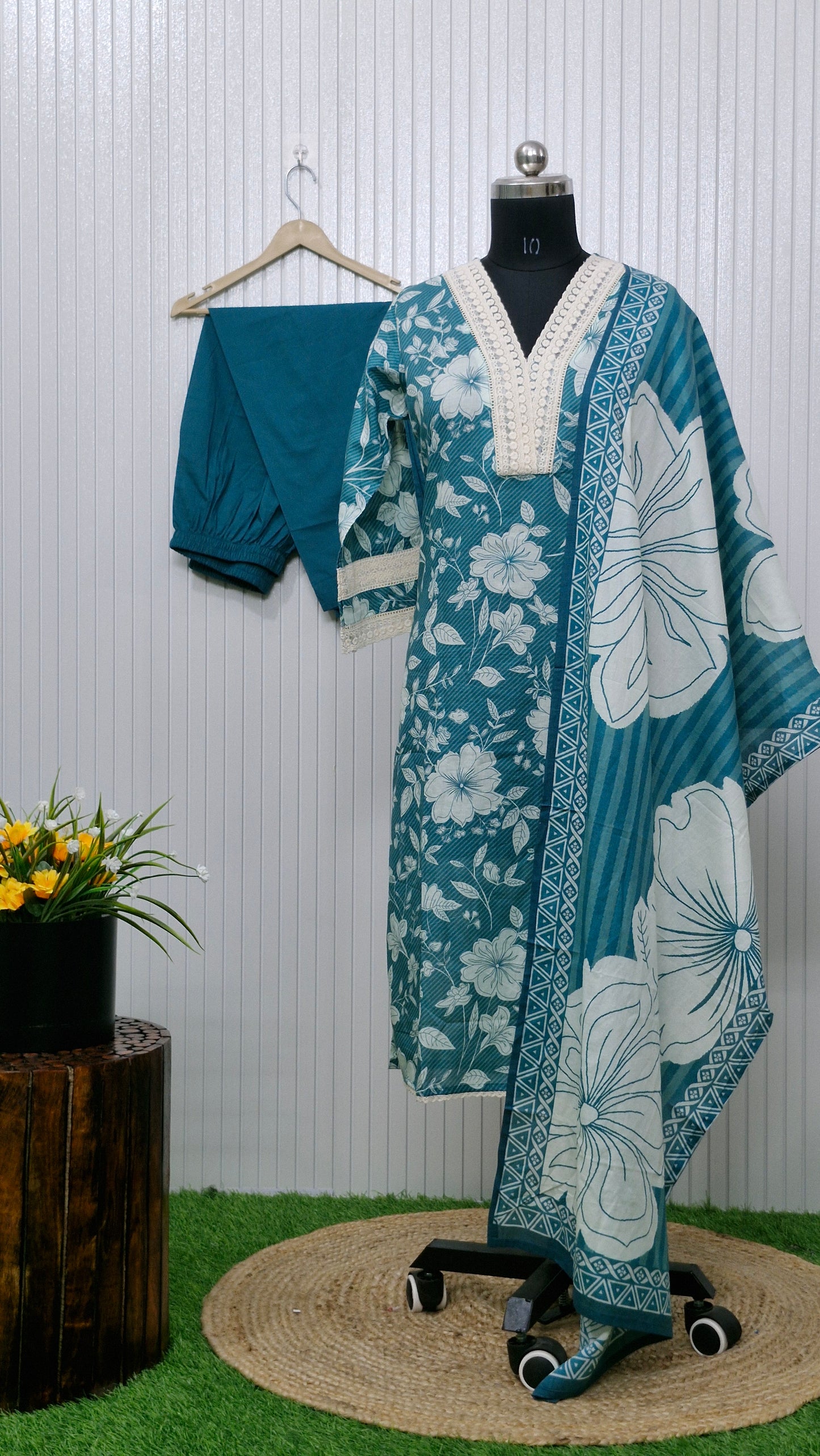 Gulnoor Teal Blossom Cotton Suit Set