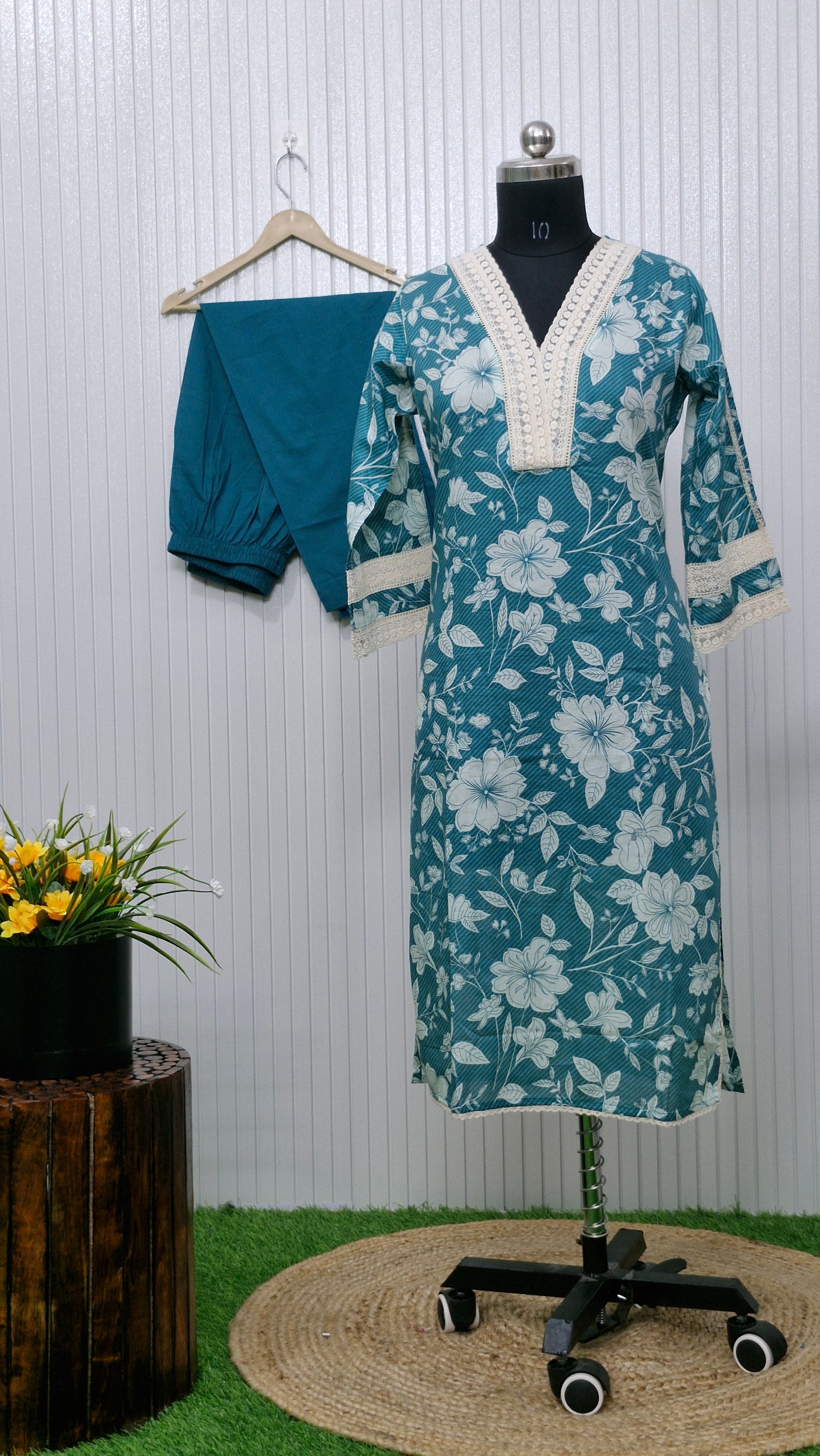 Gulnoor Teal Blossom Cotton Suit Set