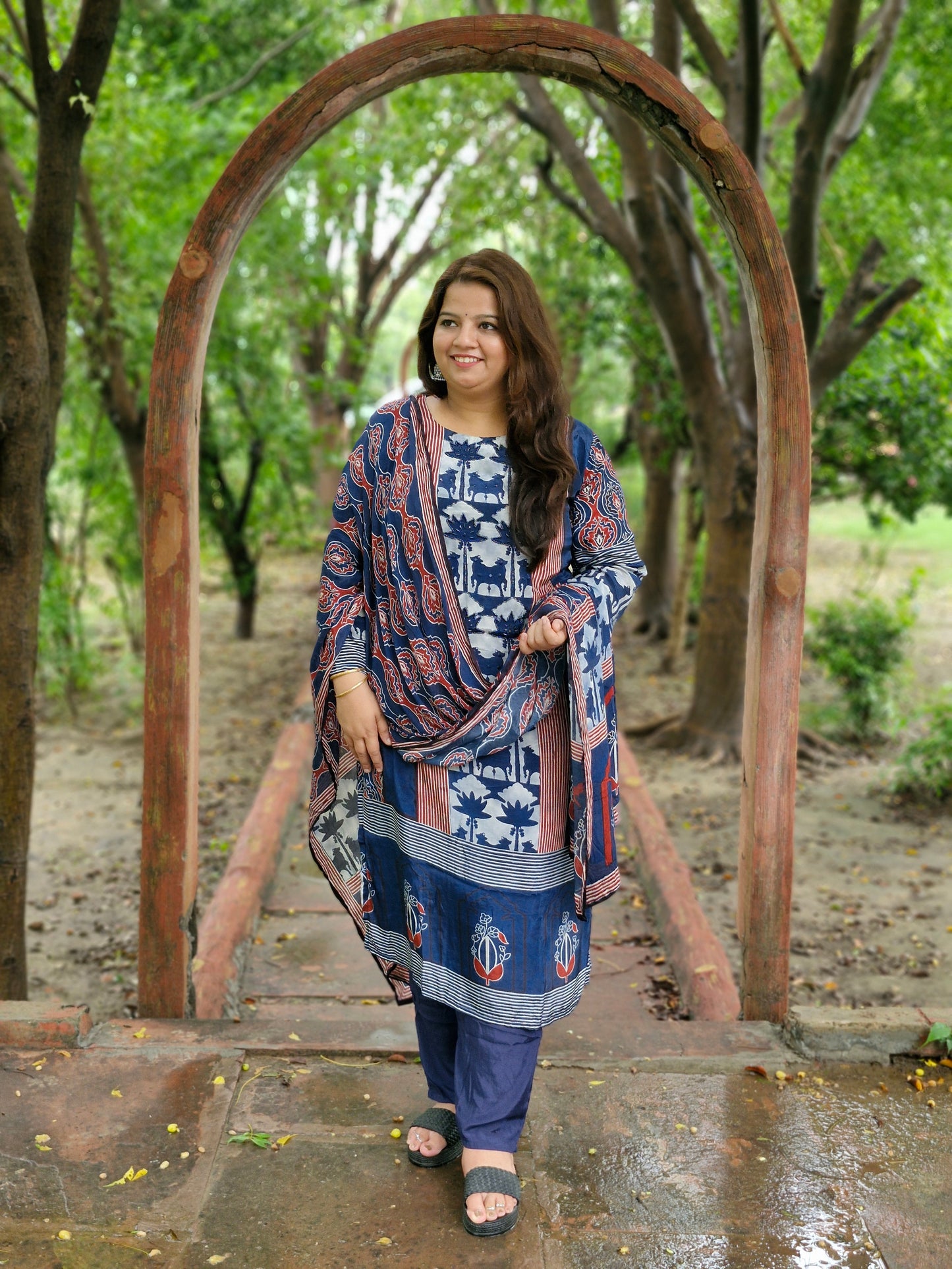 Indigo Handblock Print Modal Silk Three-Piece Suit